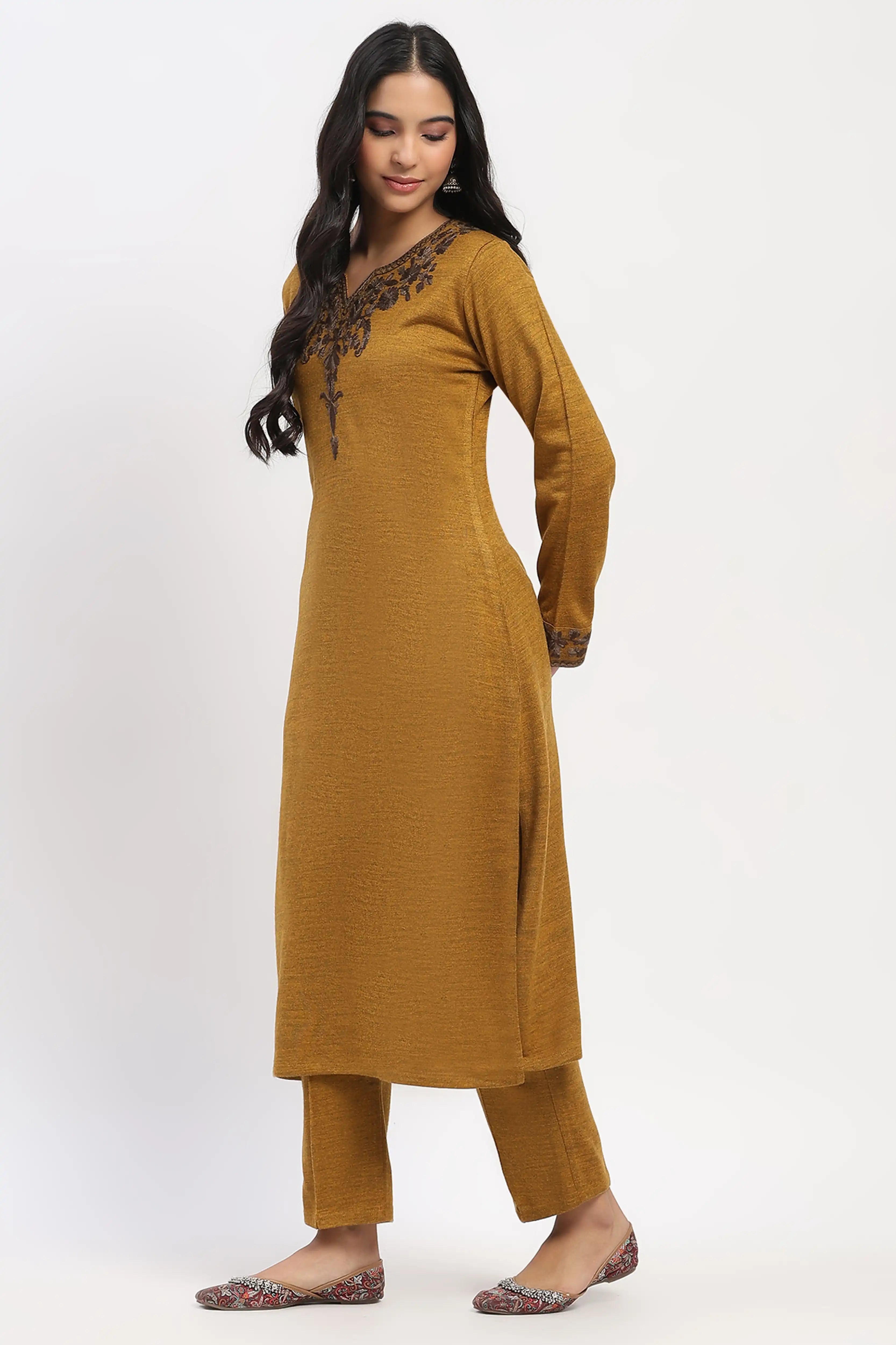 Mustard Floral Embroidered Winter Kurta