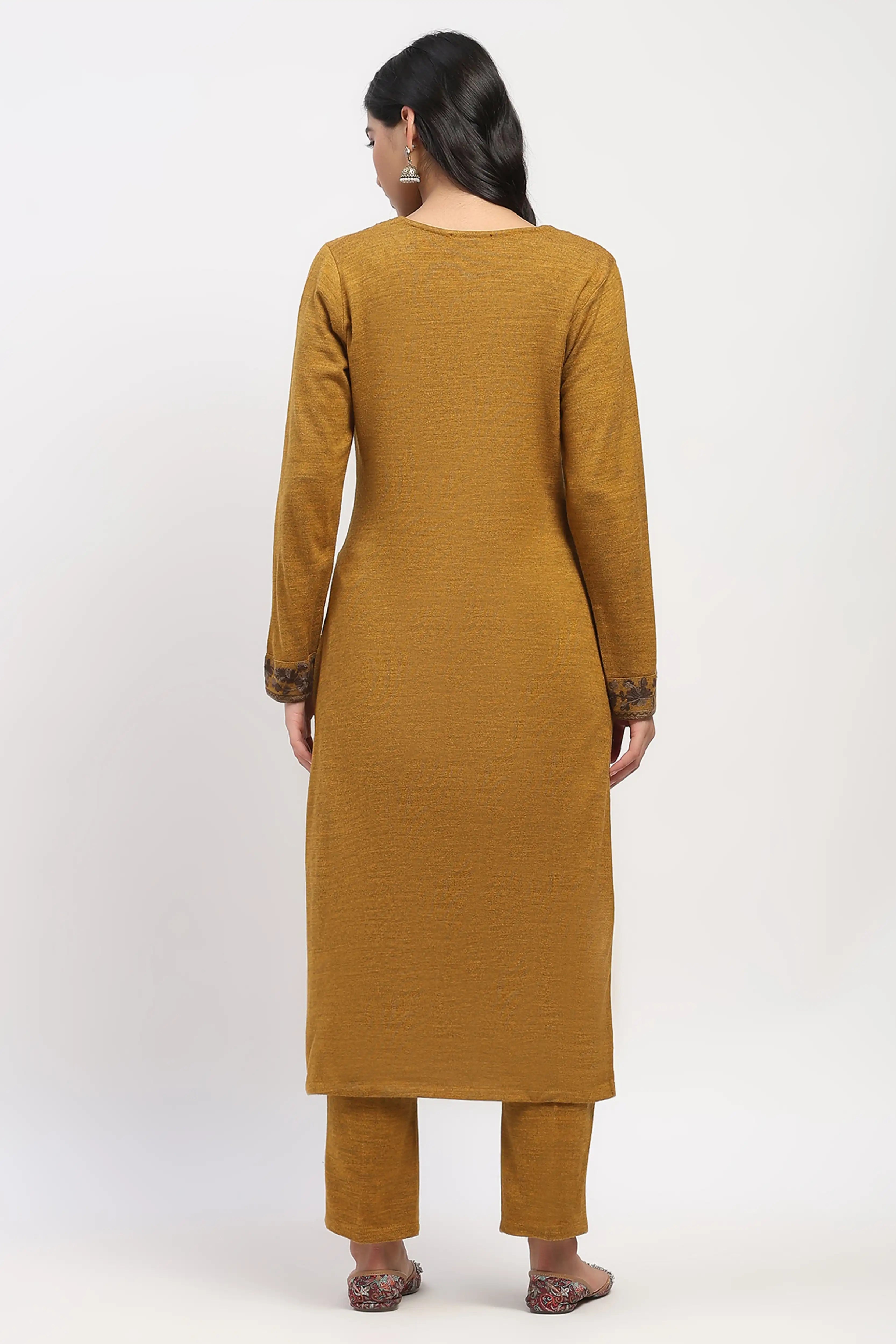 Mustard Floral Embroidered Winter Kurta