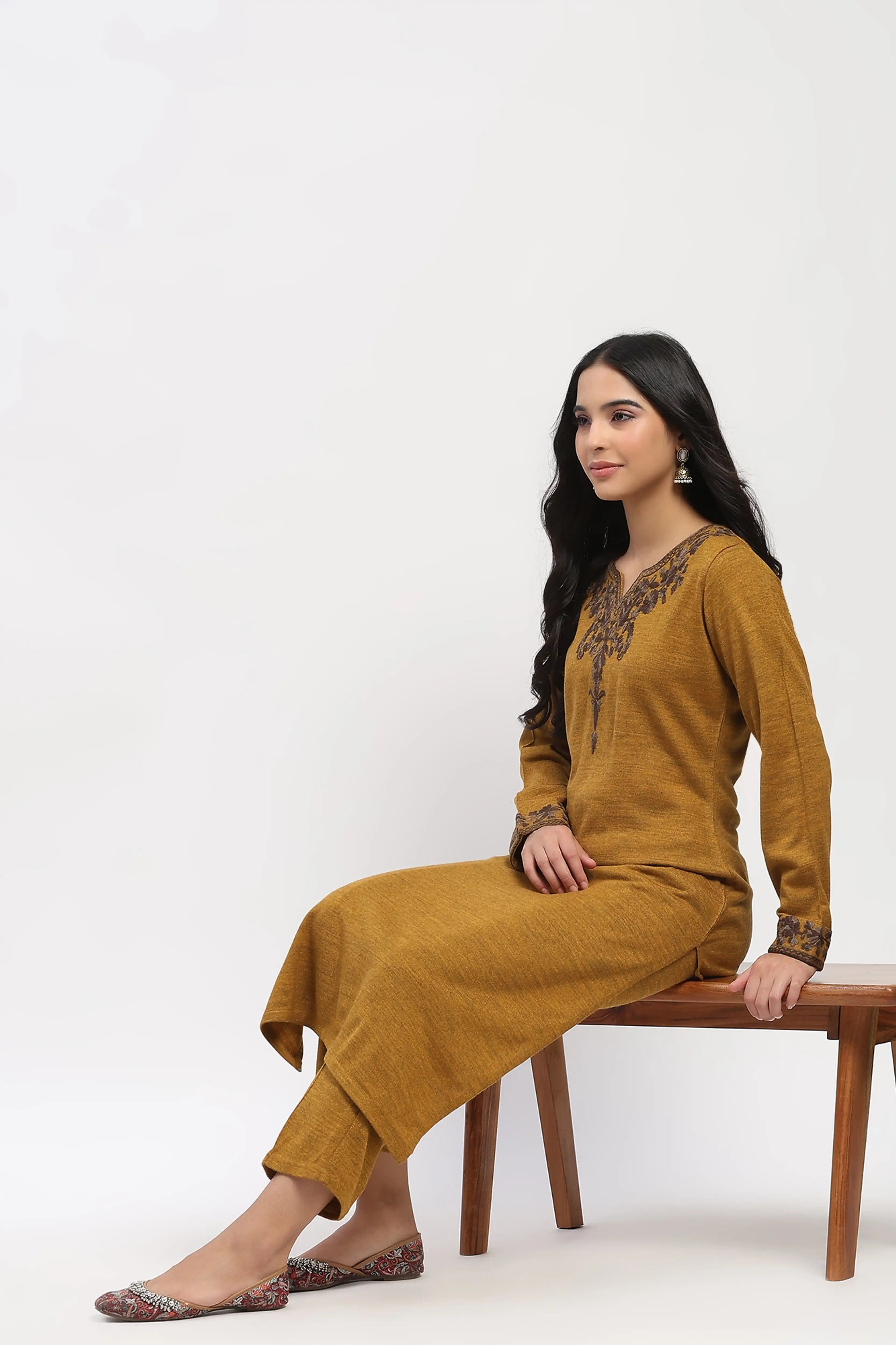 Mustard Floral Embroidered Winter Kurta