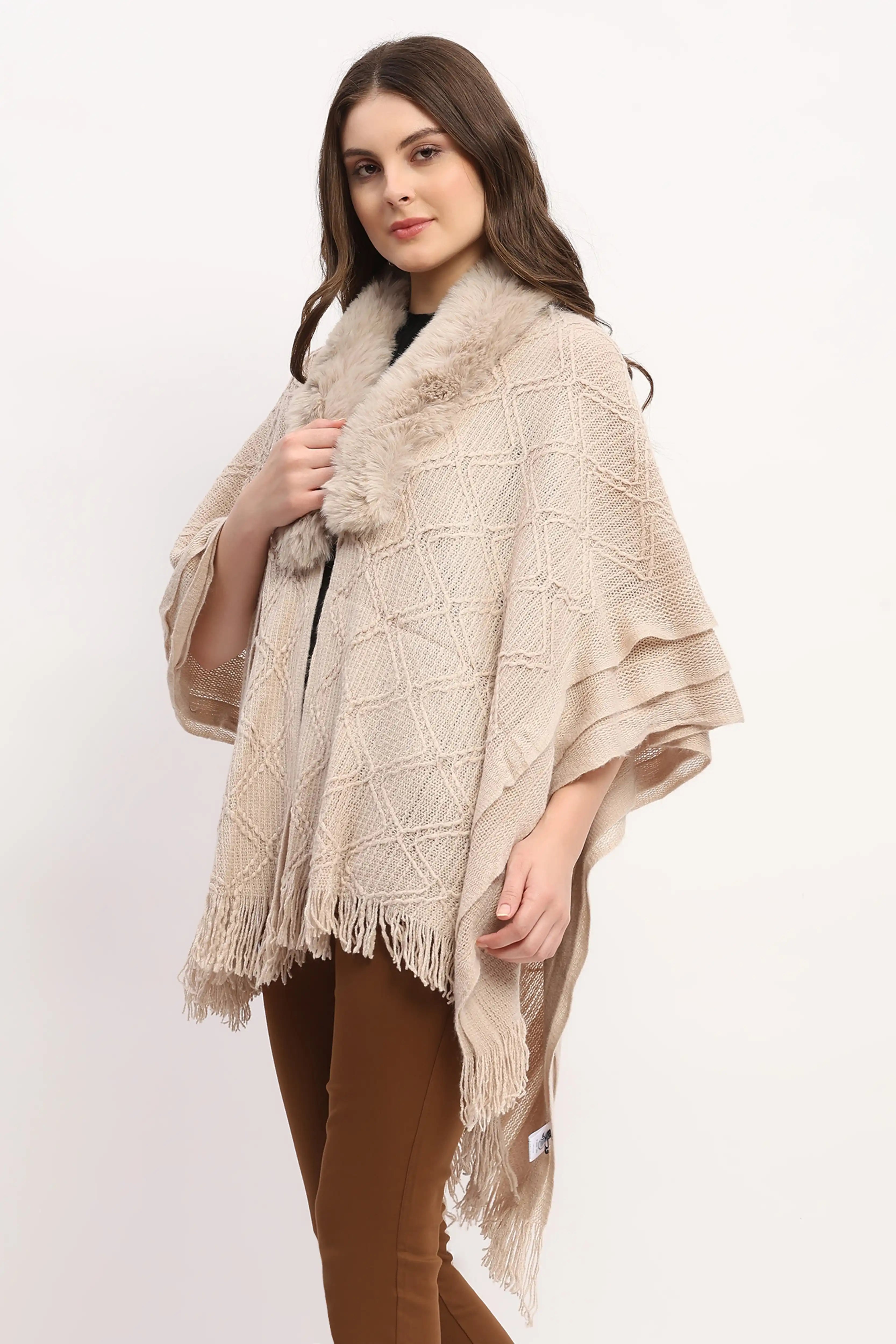 Beige Woven Winter Cape