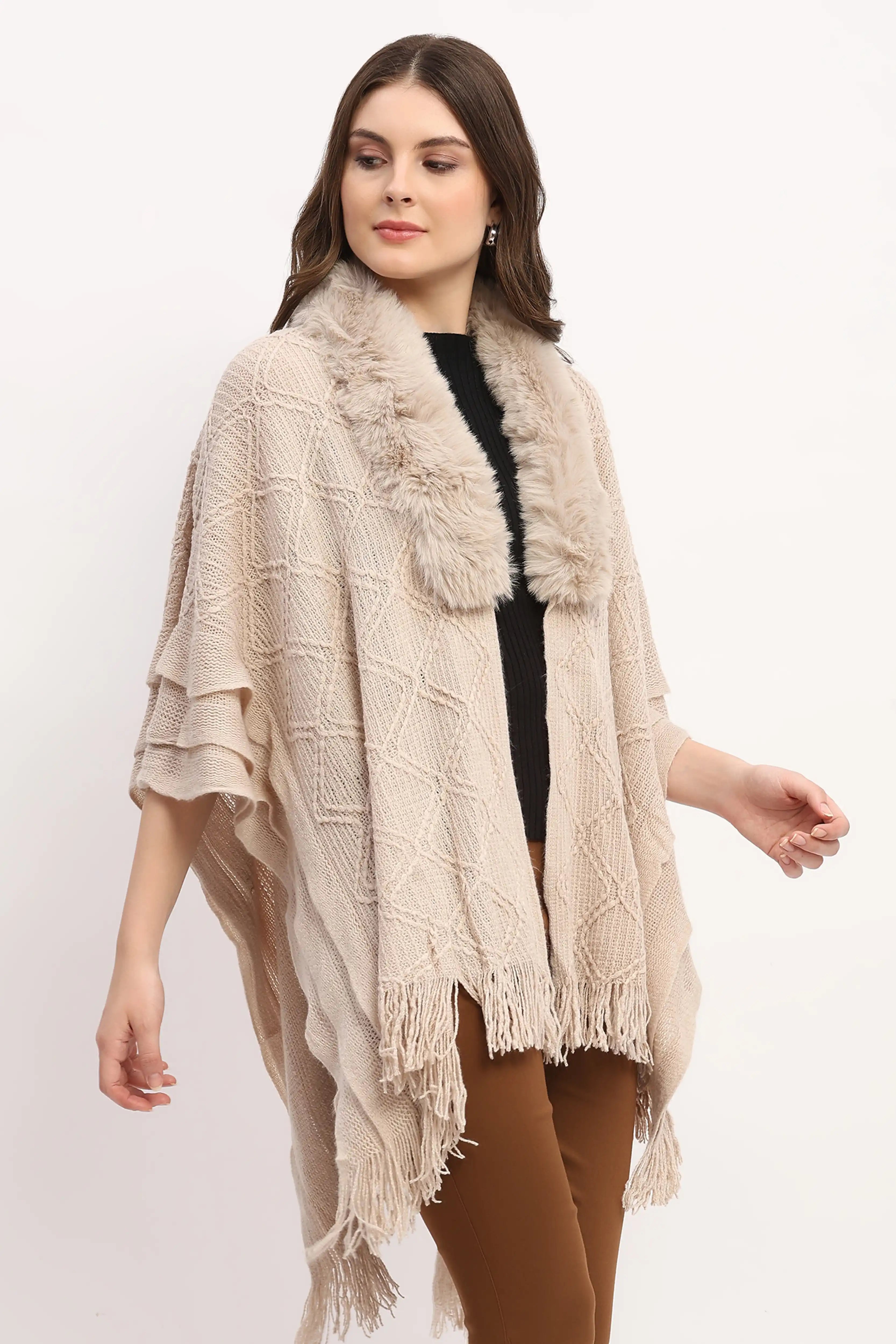 Beige Woven Winter Cape