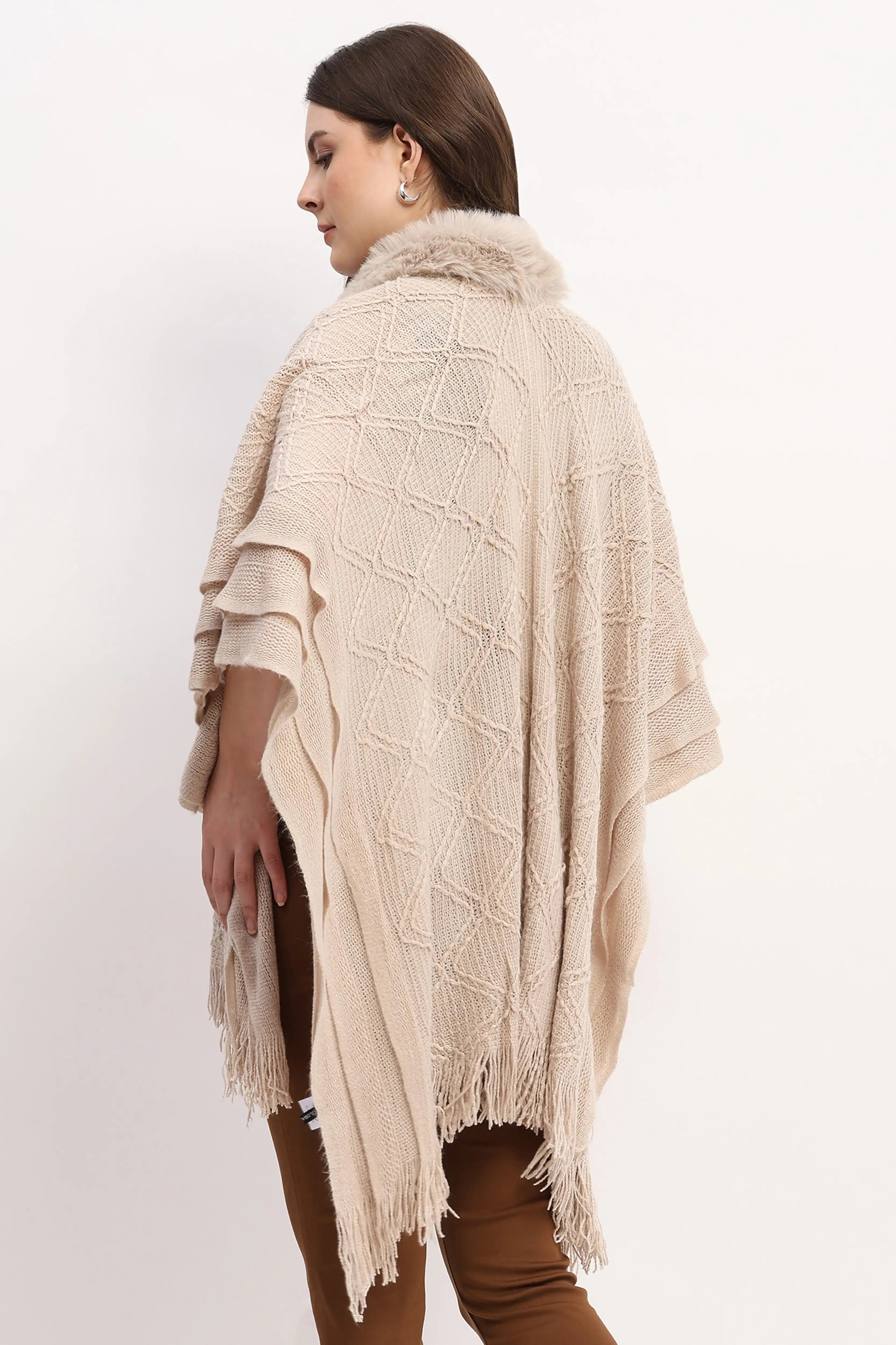 Beige Woven Winter Cape