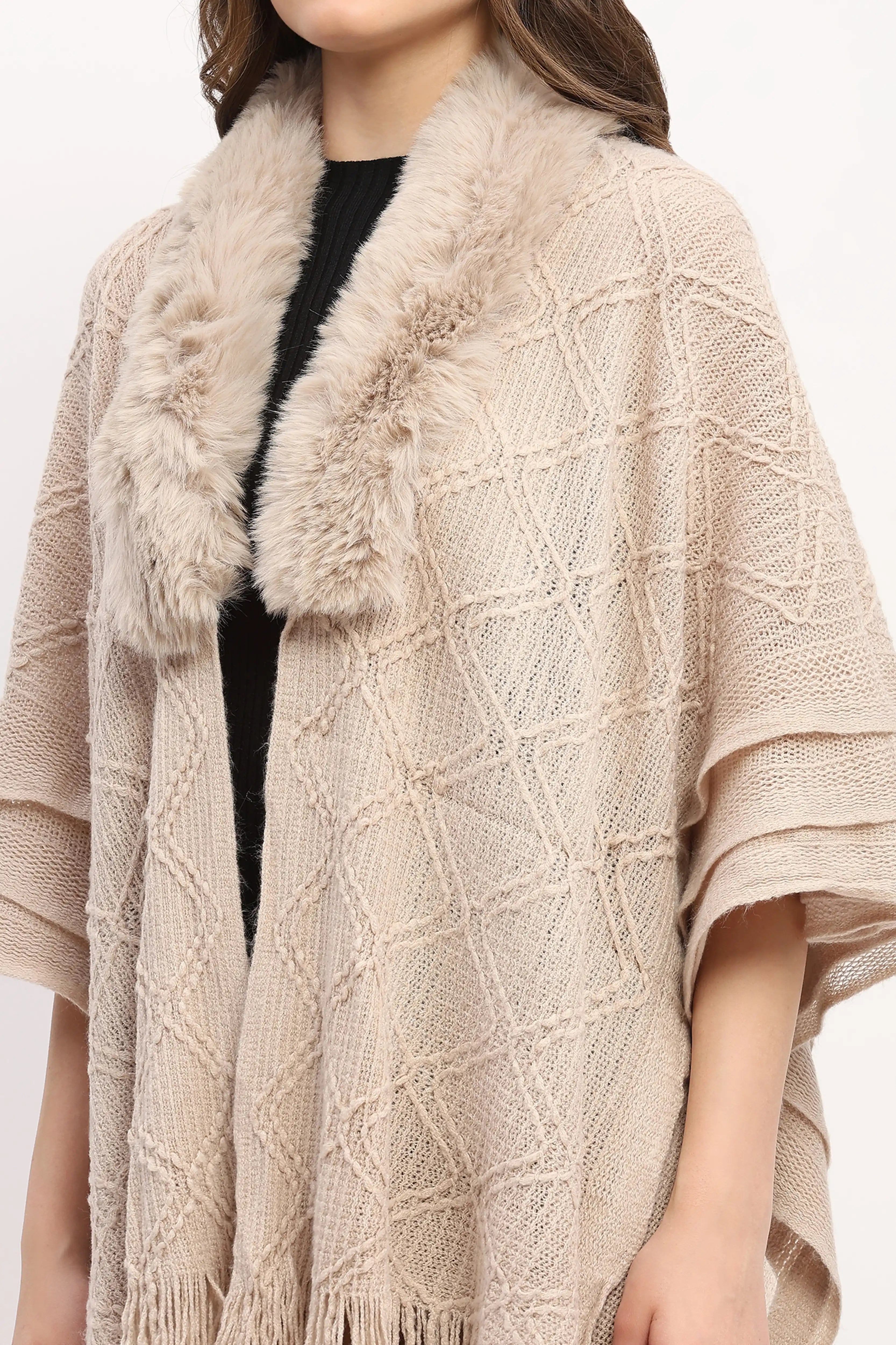 Beige Woven Winter Cape