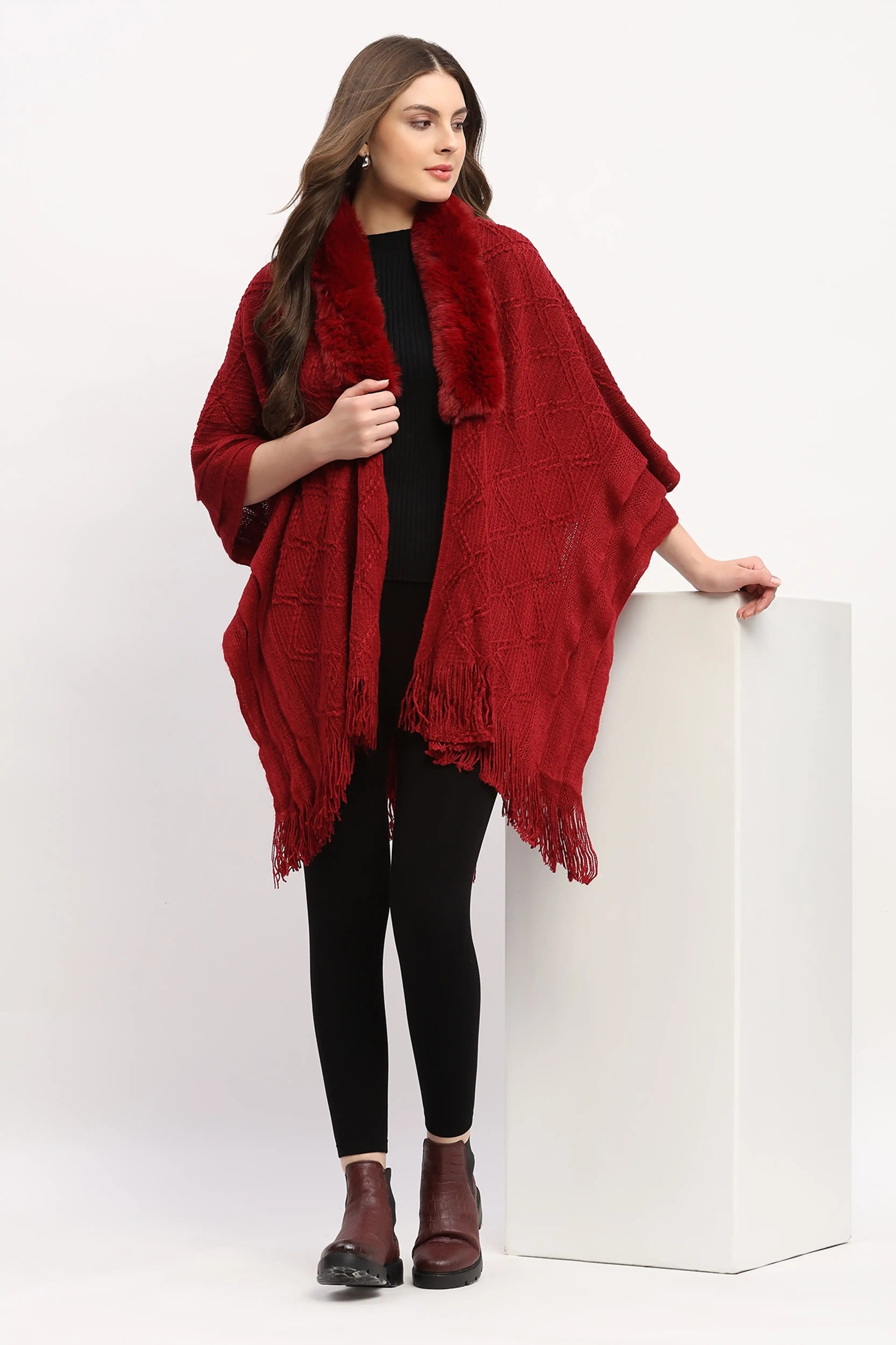 Maroon Woven Winter Cape