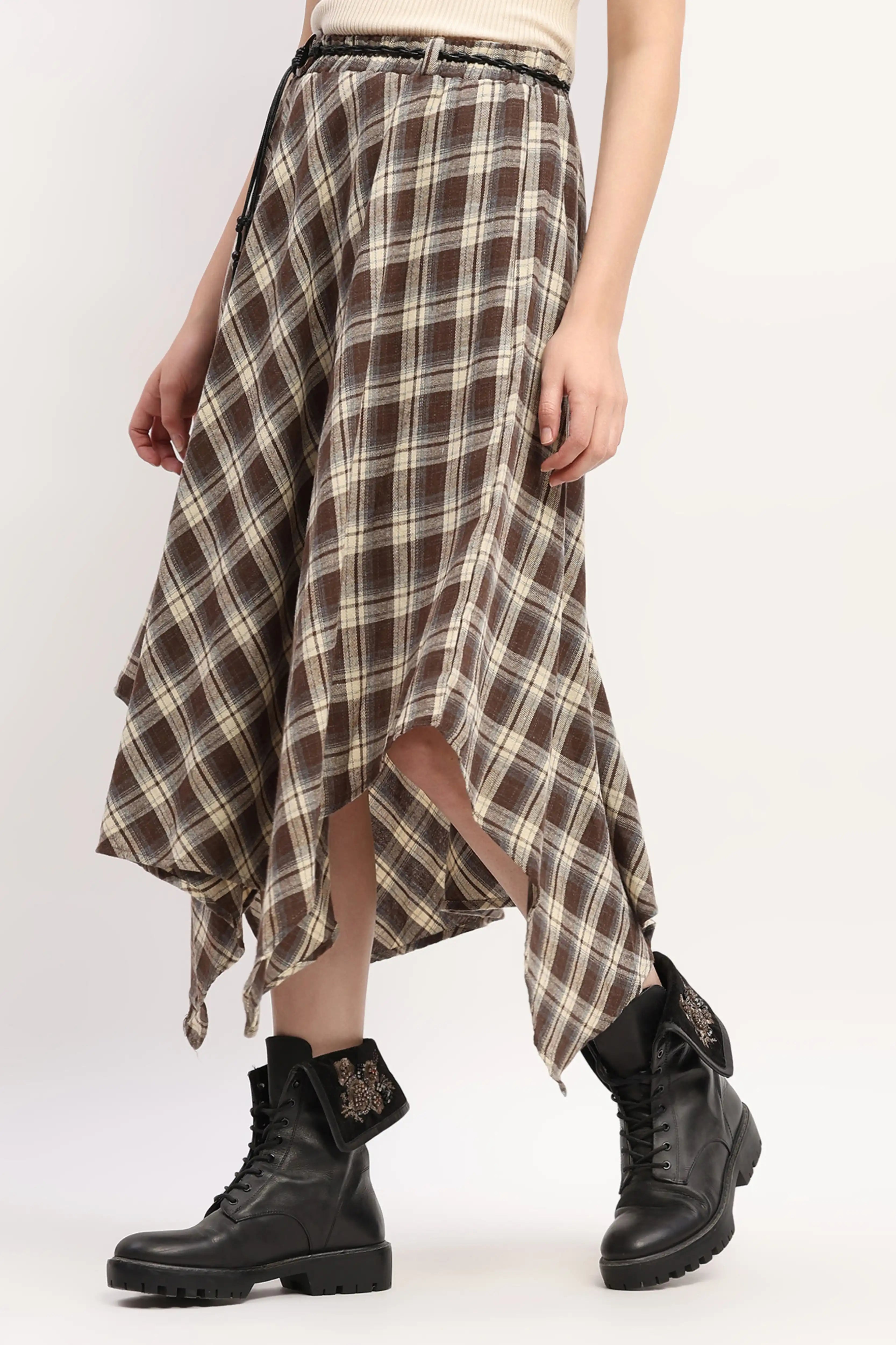 Chic Checked Asymmetric Flared Skirt