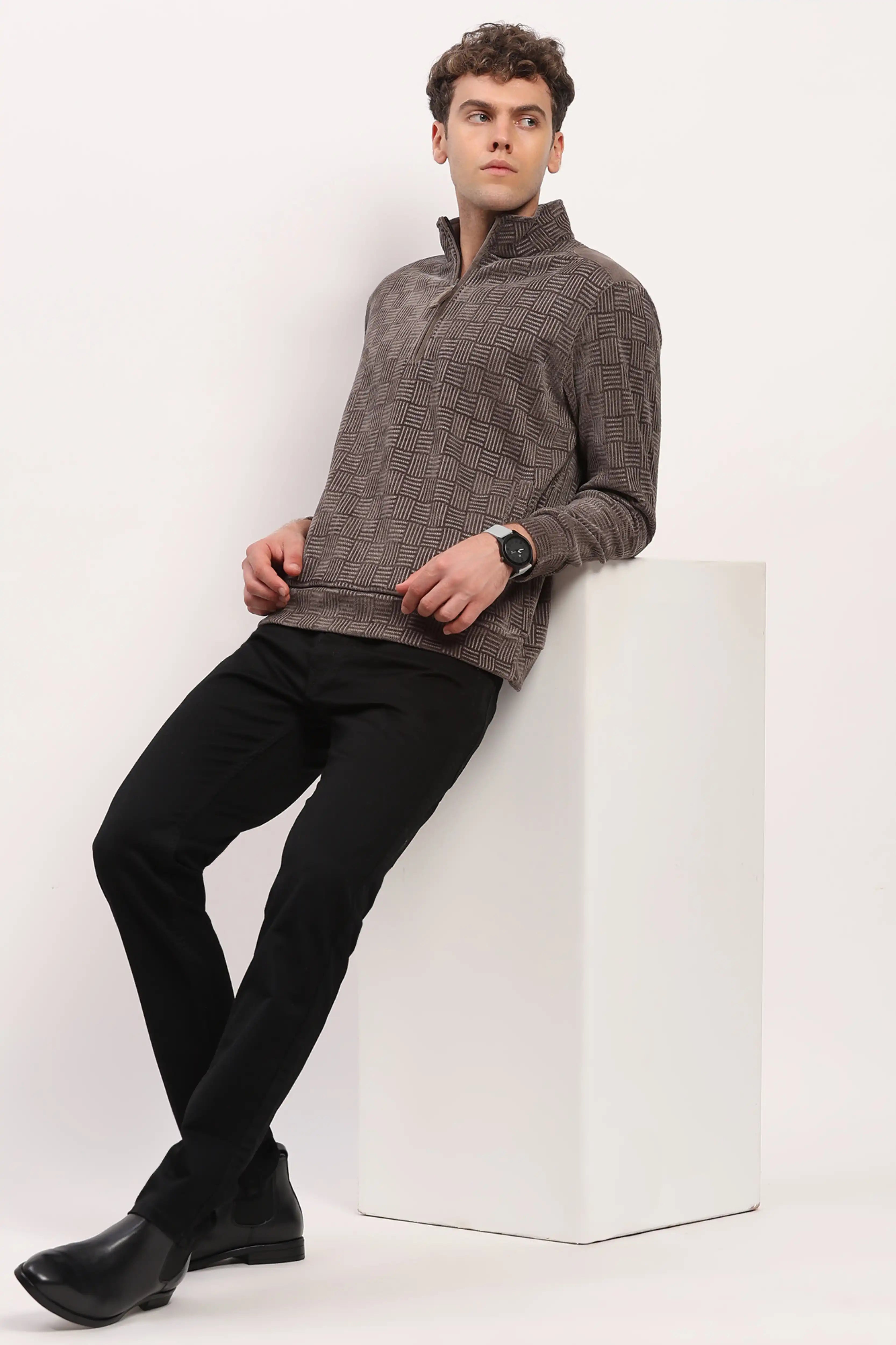 Textured Grey Half-Zip Sweatshirt
