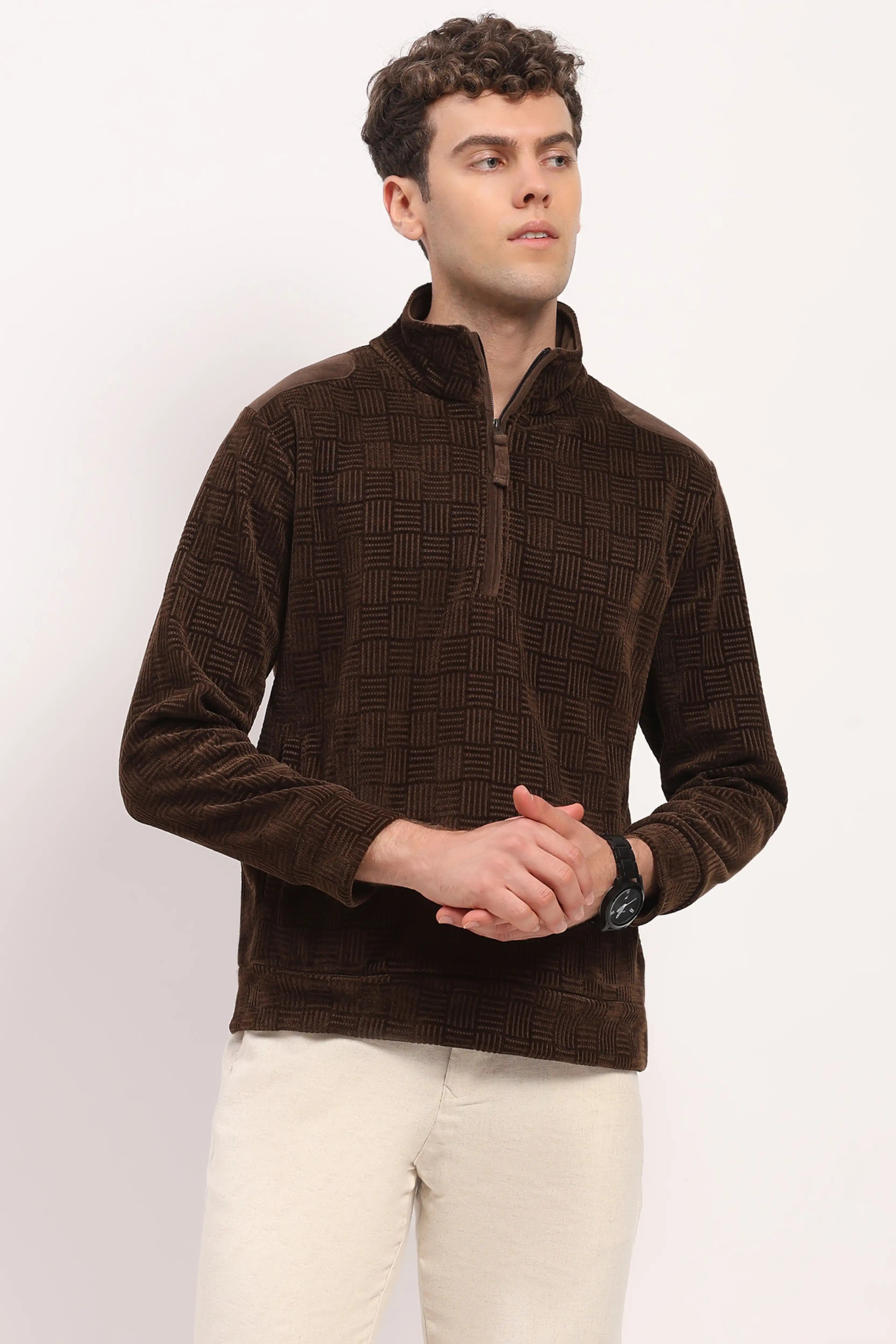 Textured Brown Half-Zip Sweatshirt
