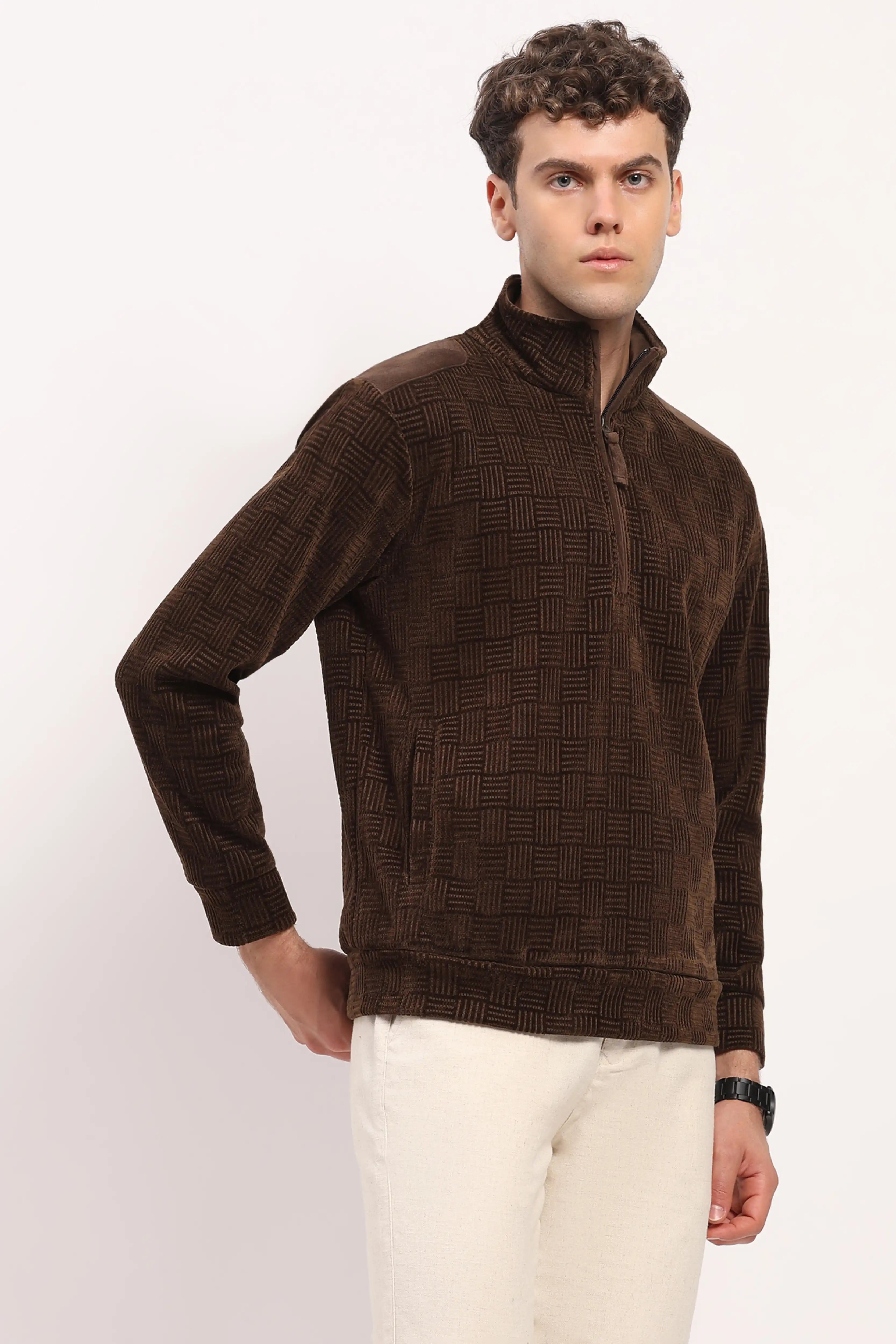 Textured Brown Half-Zip Sweatshirt