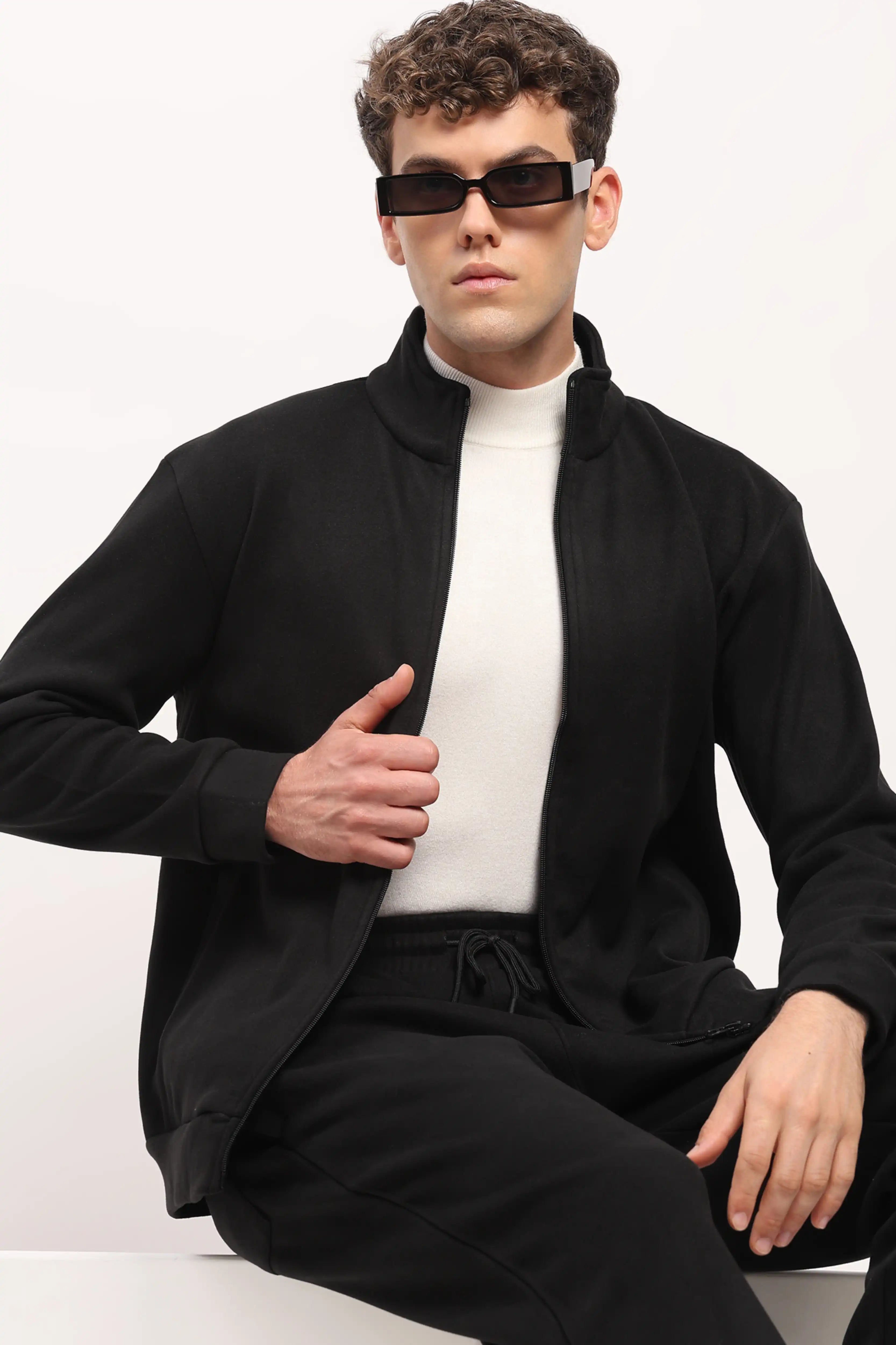 Velvet-Lined Black Zip Sweatshirt