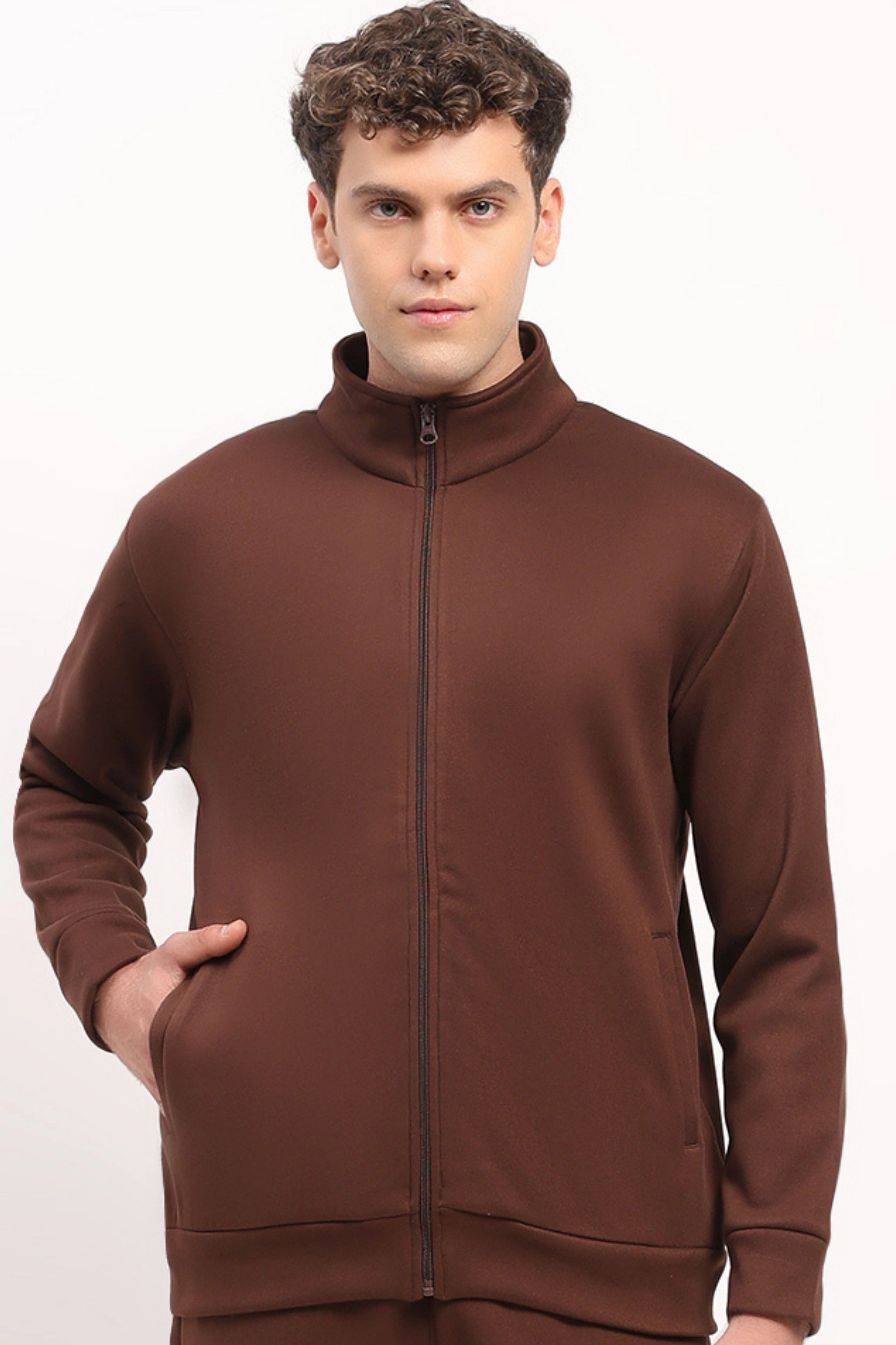 Velvet-Lined Coffee Brown Zip Sweatshirt