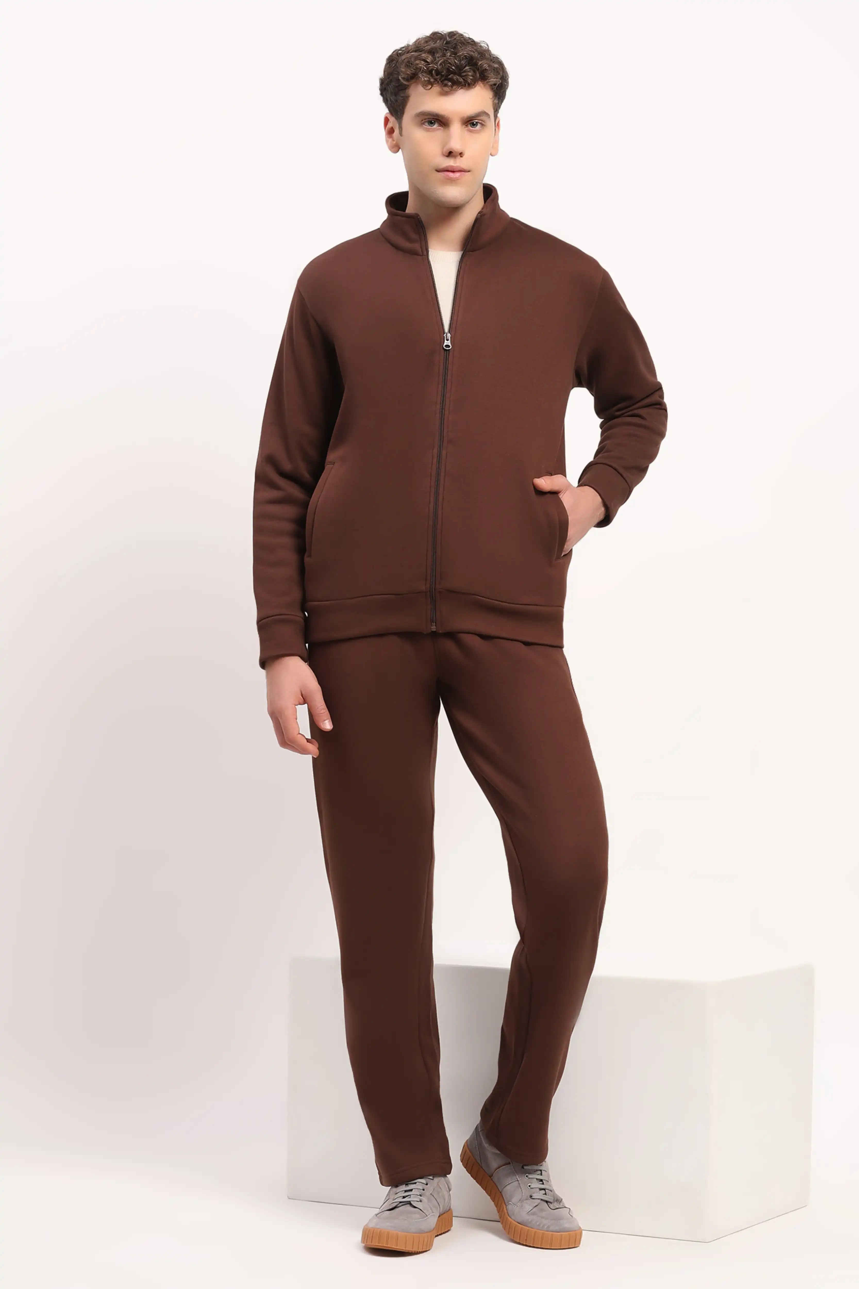 Velvet-Lined Coffee Brown Zip Sweatshirt