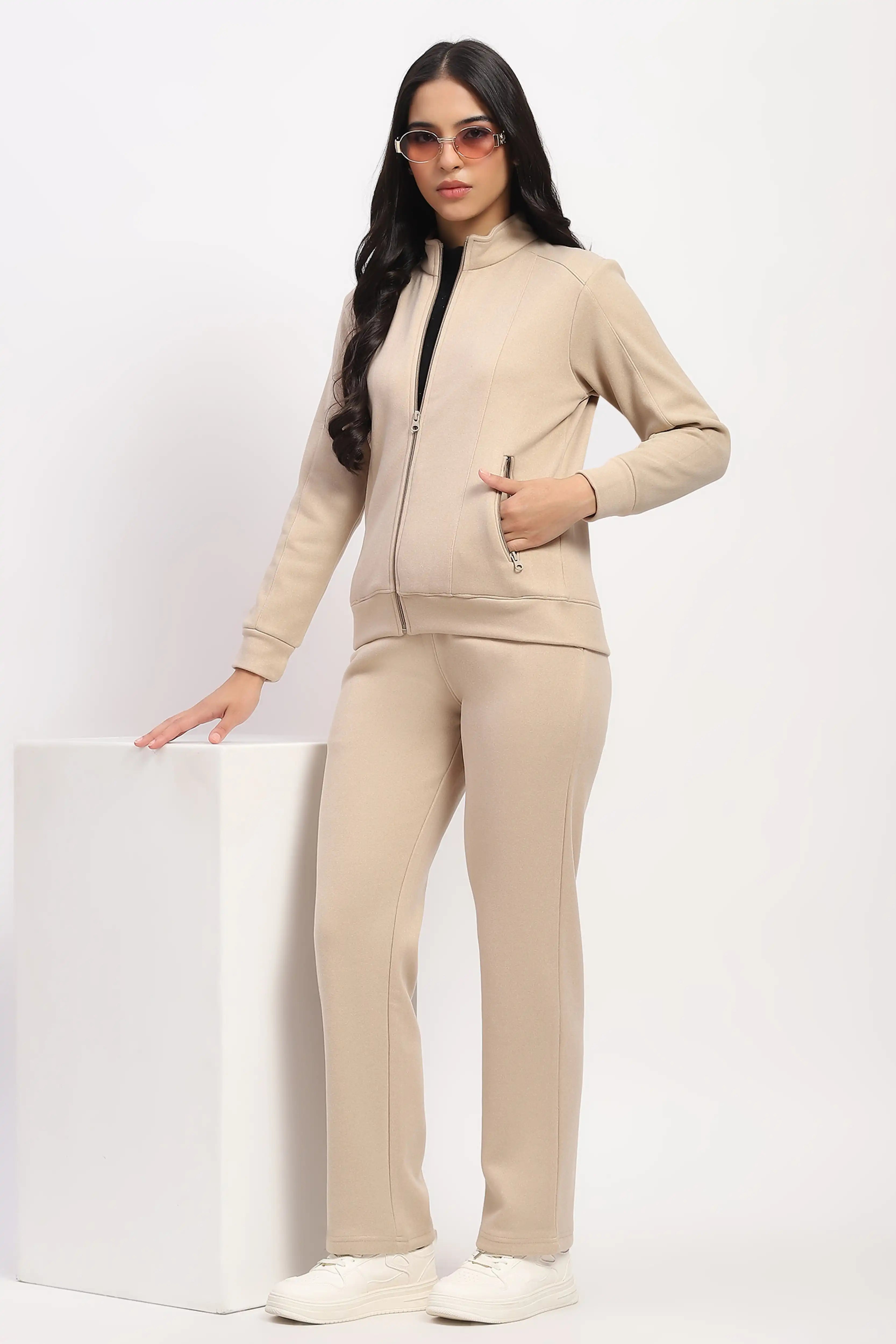 Beige Velvet-Lined Sweatshirt