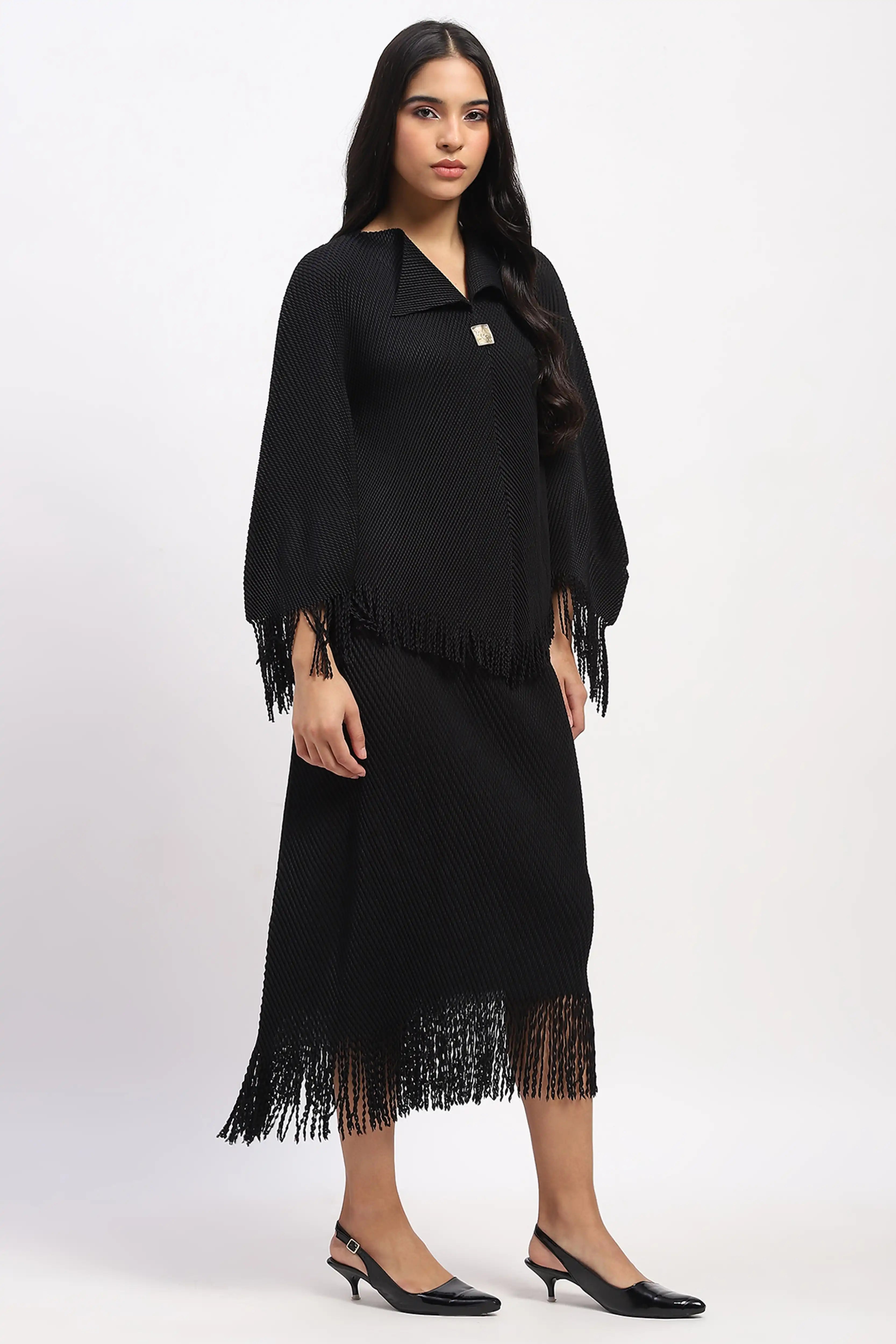 Black Bohemian Frayed Edge Top & Skirt Set