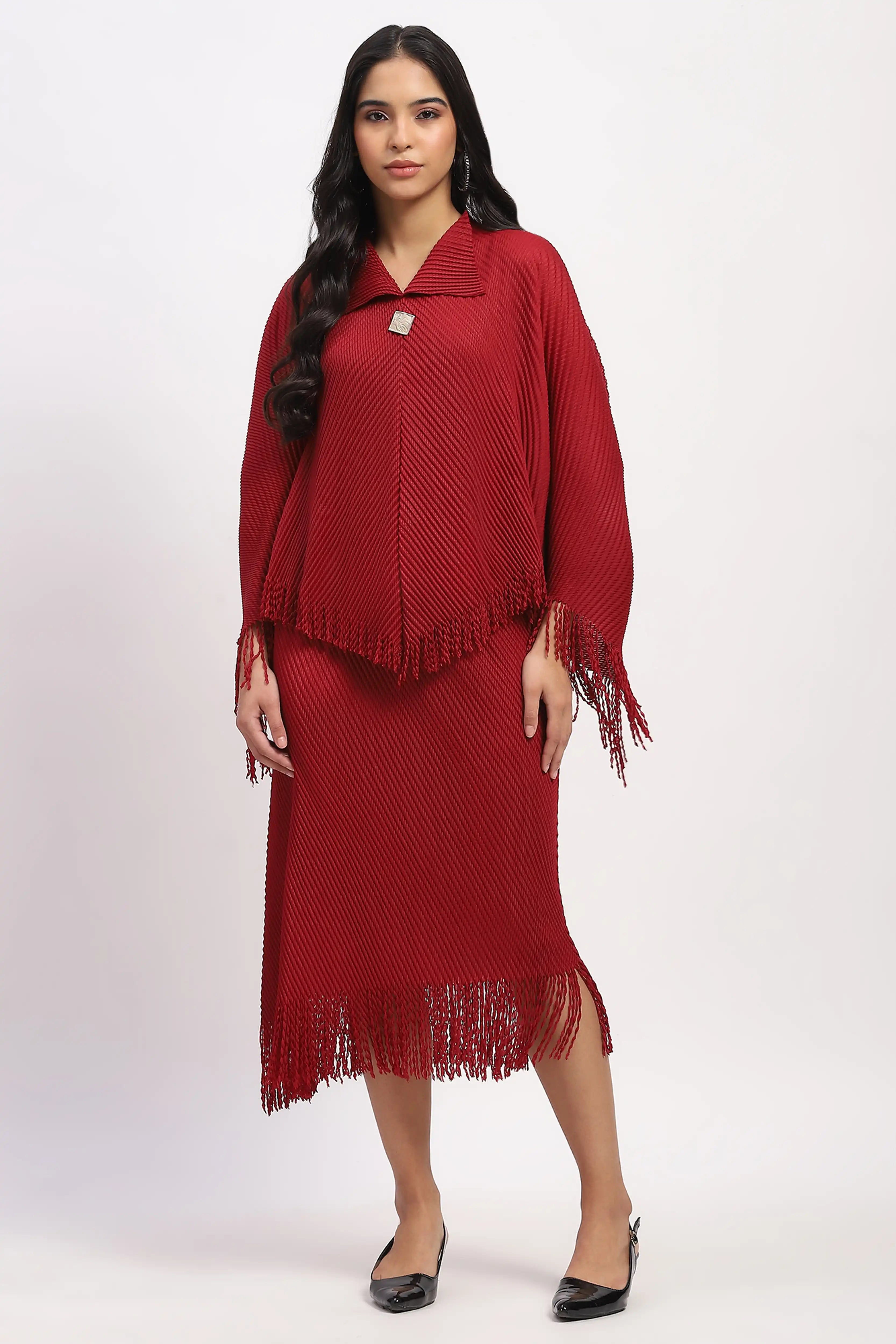 Maroon Bohemian Frayed Edge Top & Skirt Set