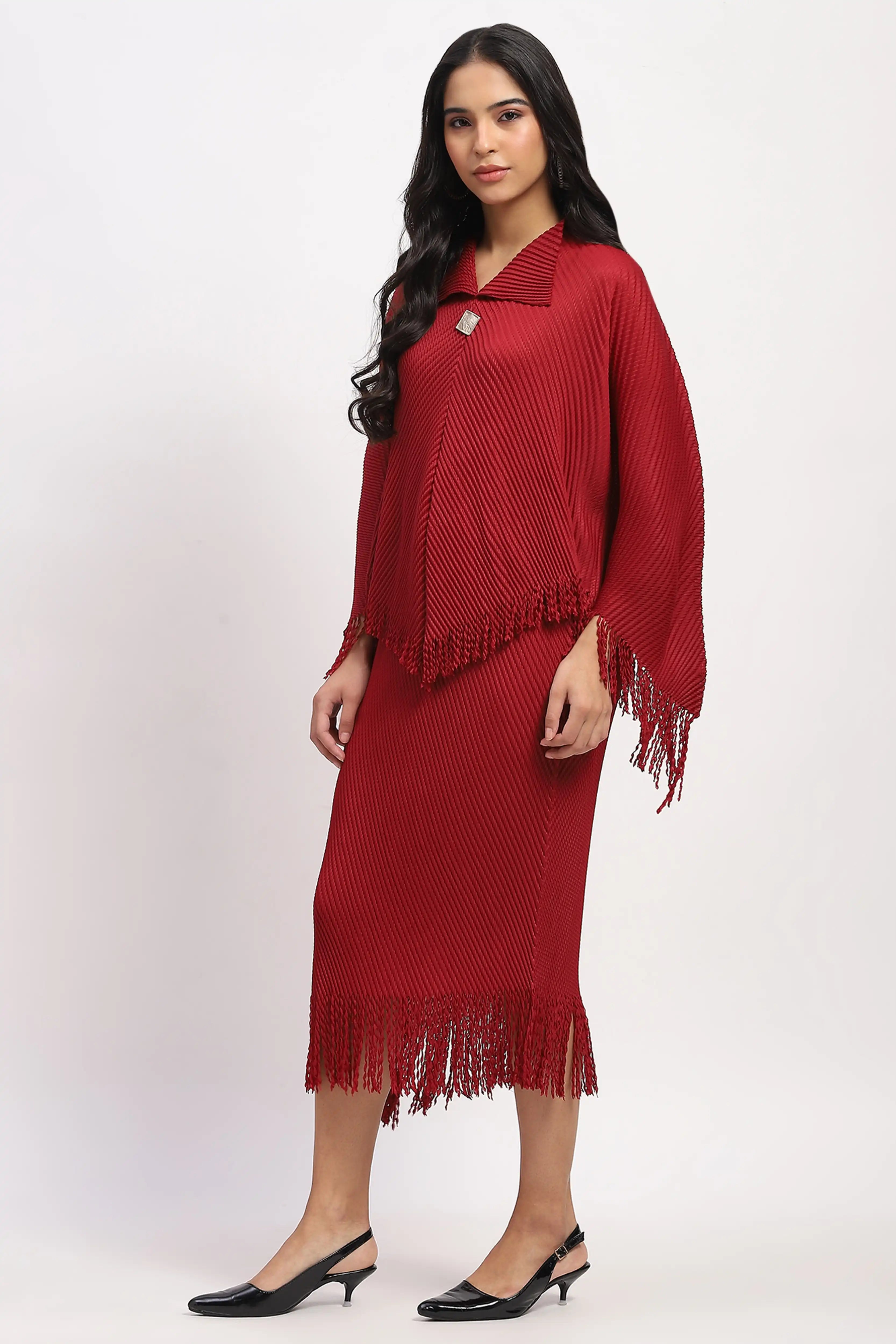 Maroon Bohemian Frayed Edge Top & Skirt Set