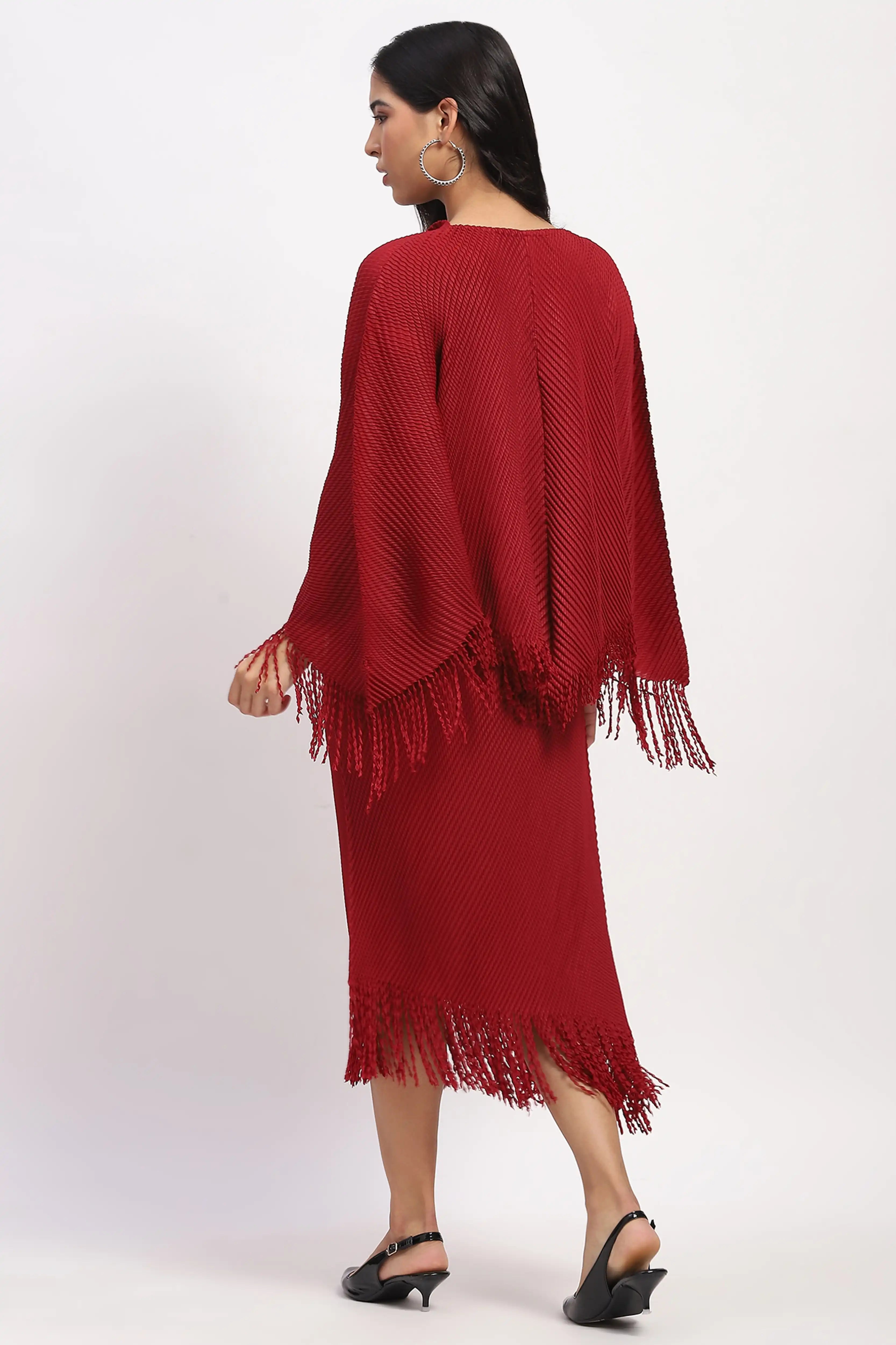 Maroon Bohemian Frayed Edge Top & Skirt Set