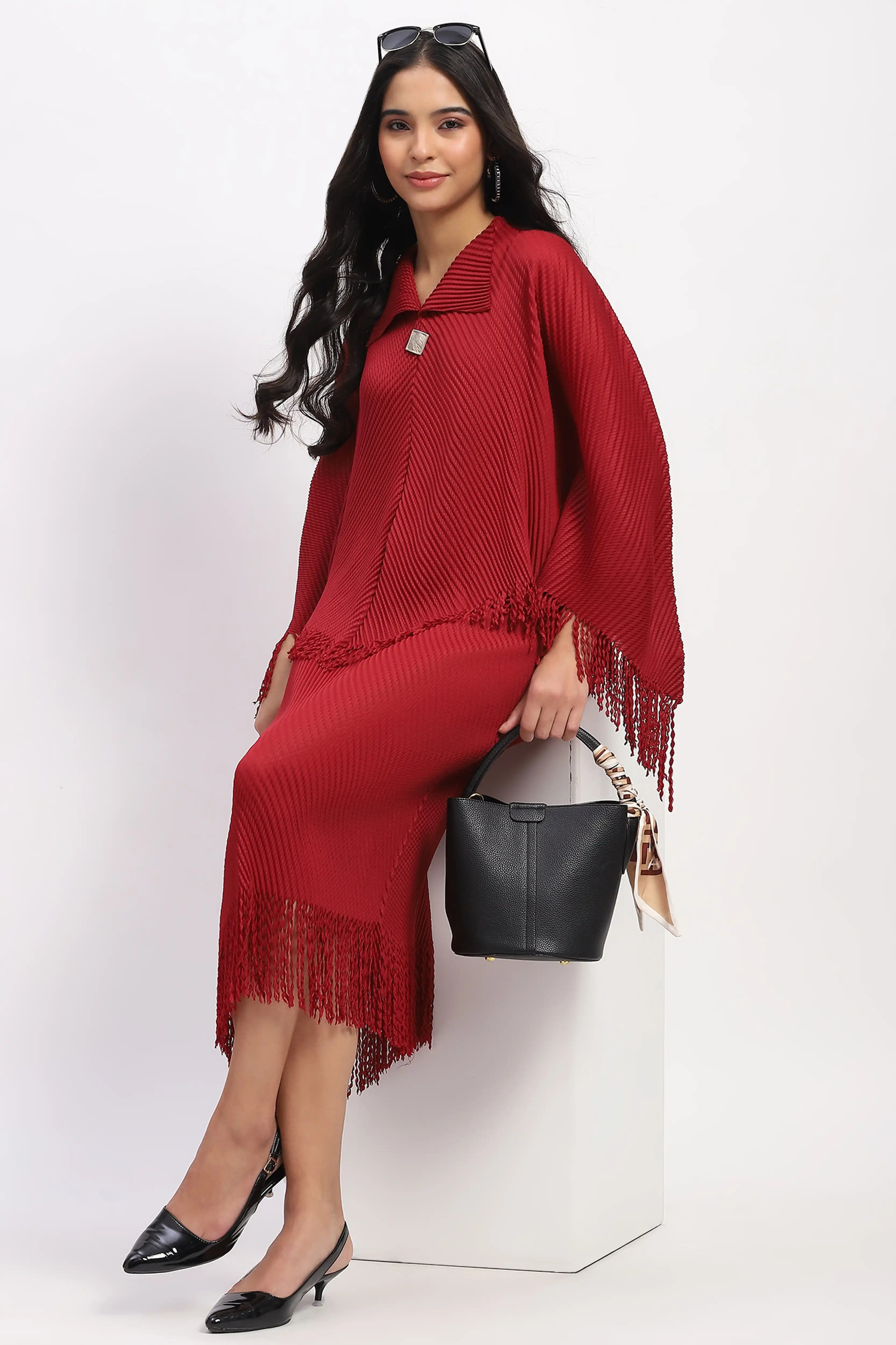 Maroon Bohemian Frayed Edge Top & Skirt Set