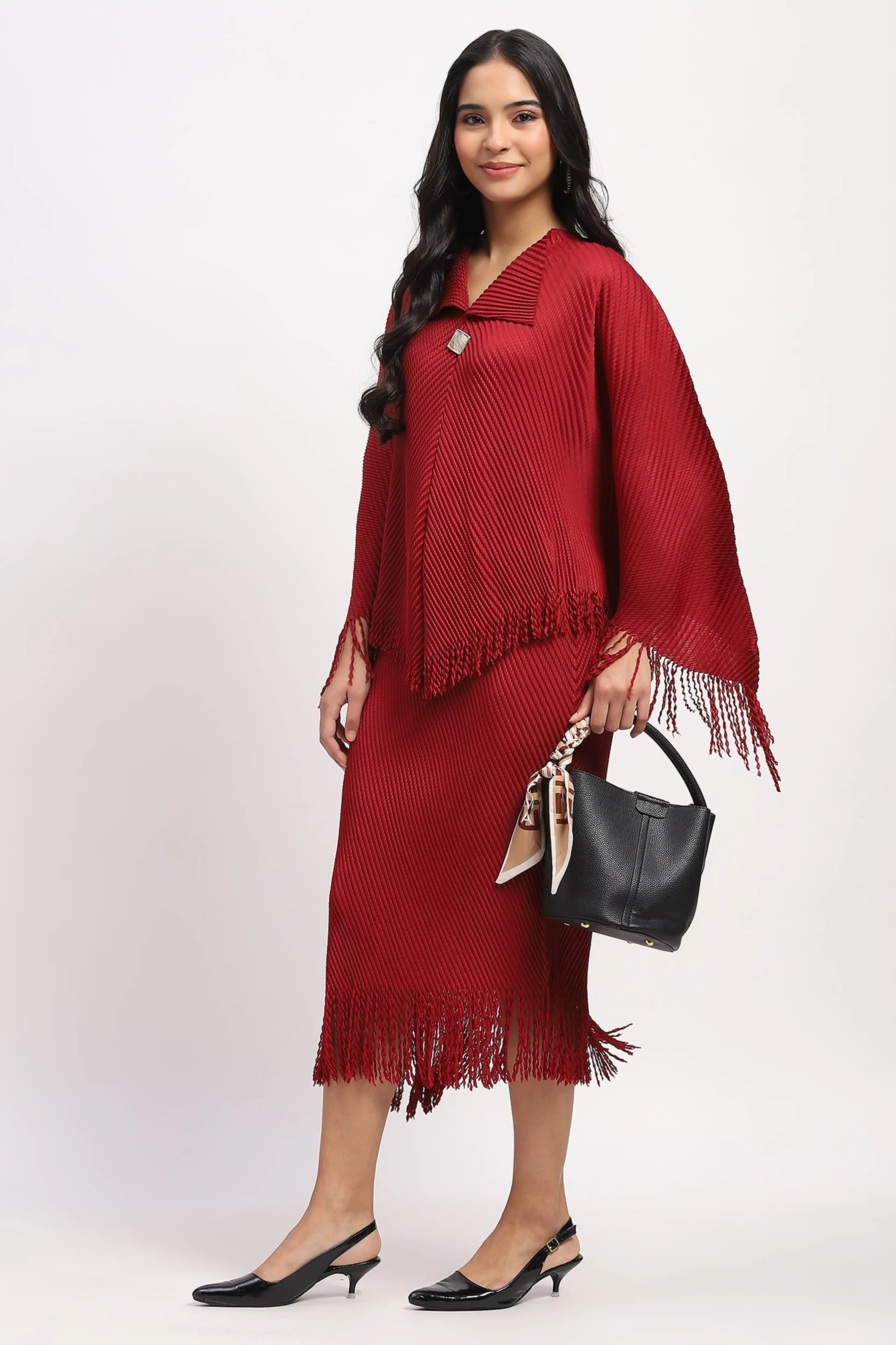 Maroon Bohemian Frayed Edge Top & Skirt Set