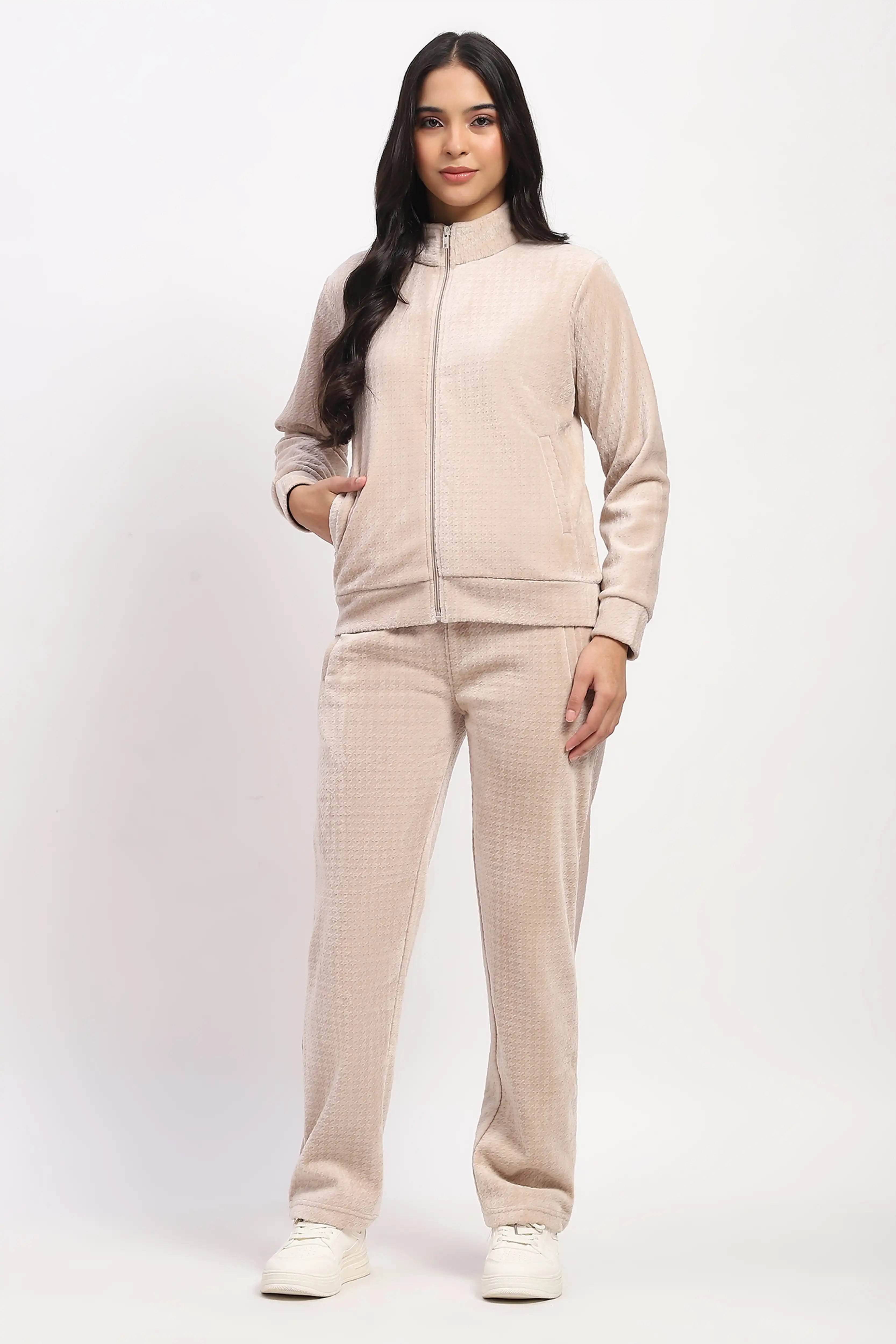 Beige Houndstooth Velvet Co-ord Set