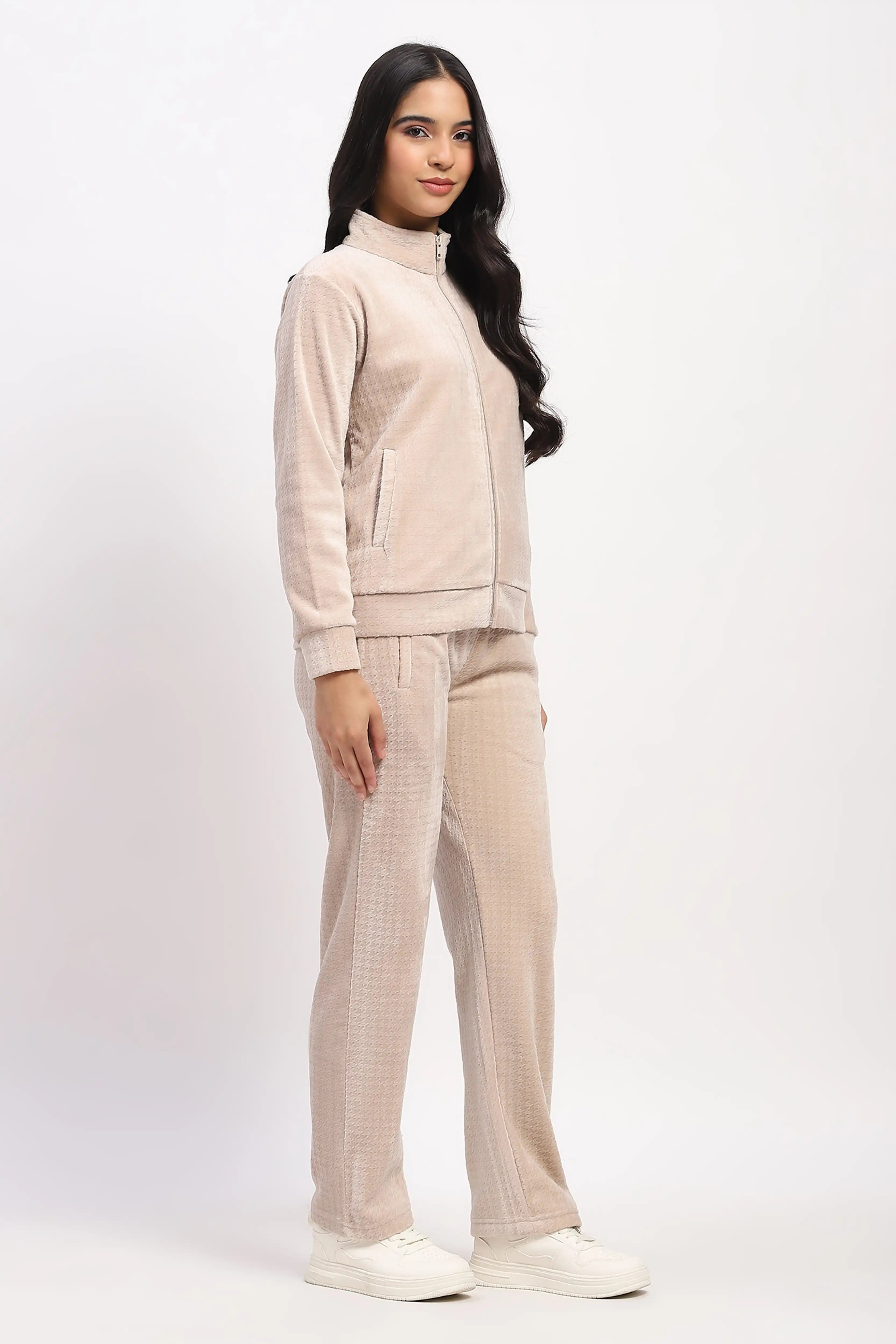 Beige Houndstooth Velvet Co-ord Set