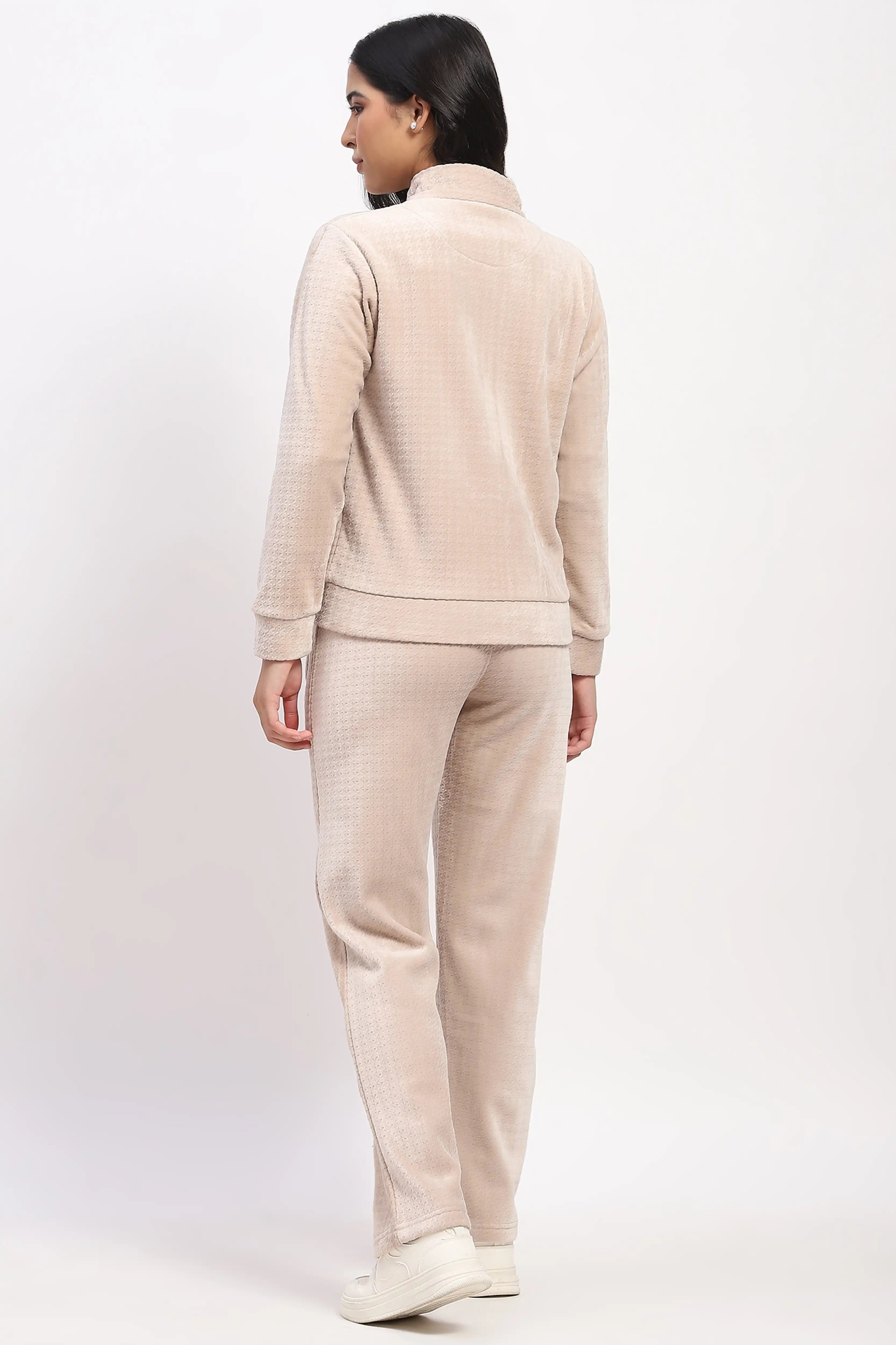 Beige Houndstooth Velvet Co-ord Set