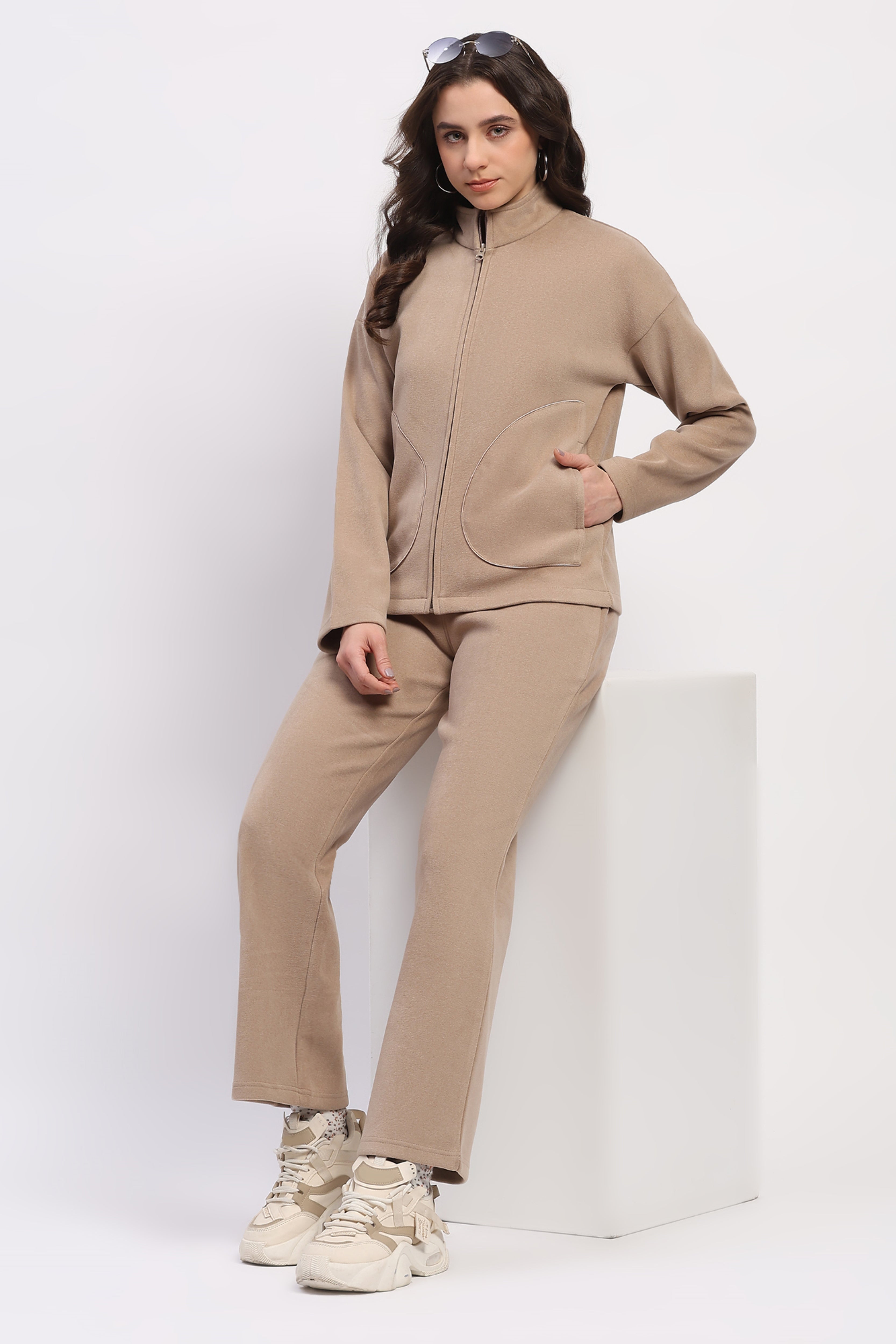 Beige Drop-Shoulder Winter Tracksuit