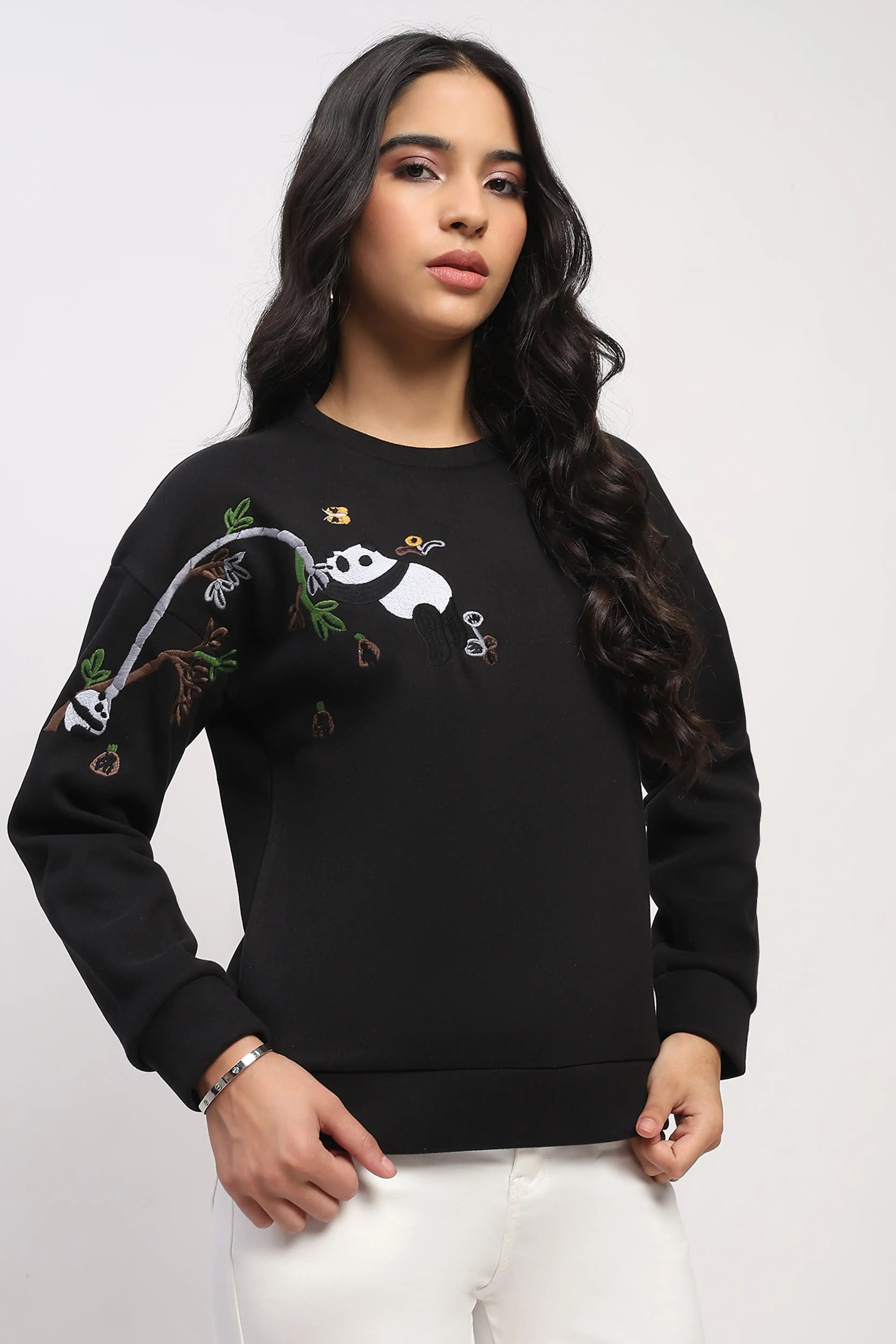 Panda Embroidered Drop-Shoulder Sweatshirt