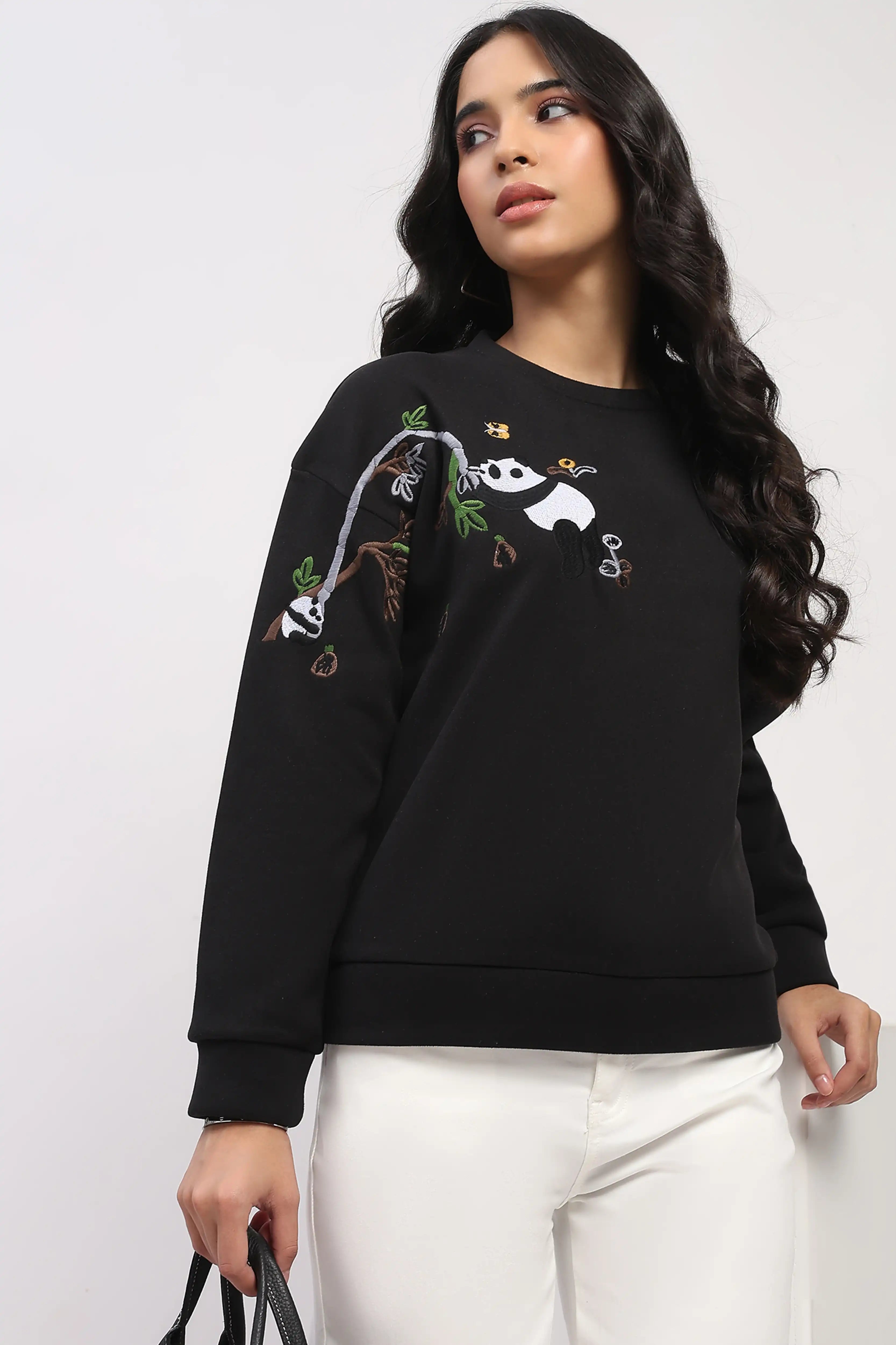 Panda Embroidered Drop-Shoulder Sweatshirt