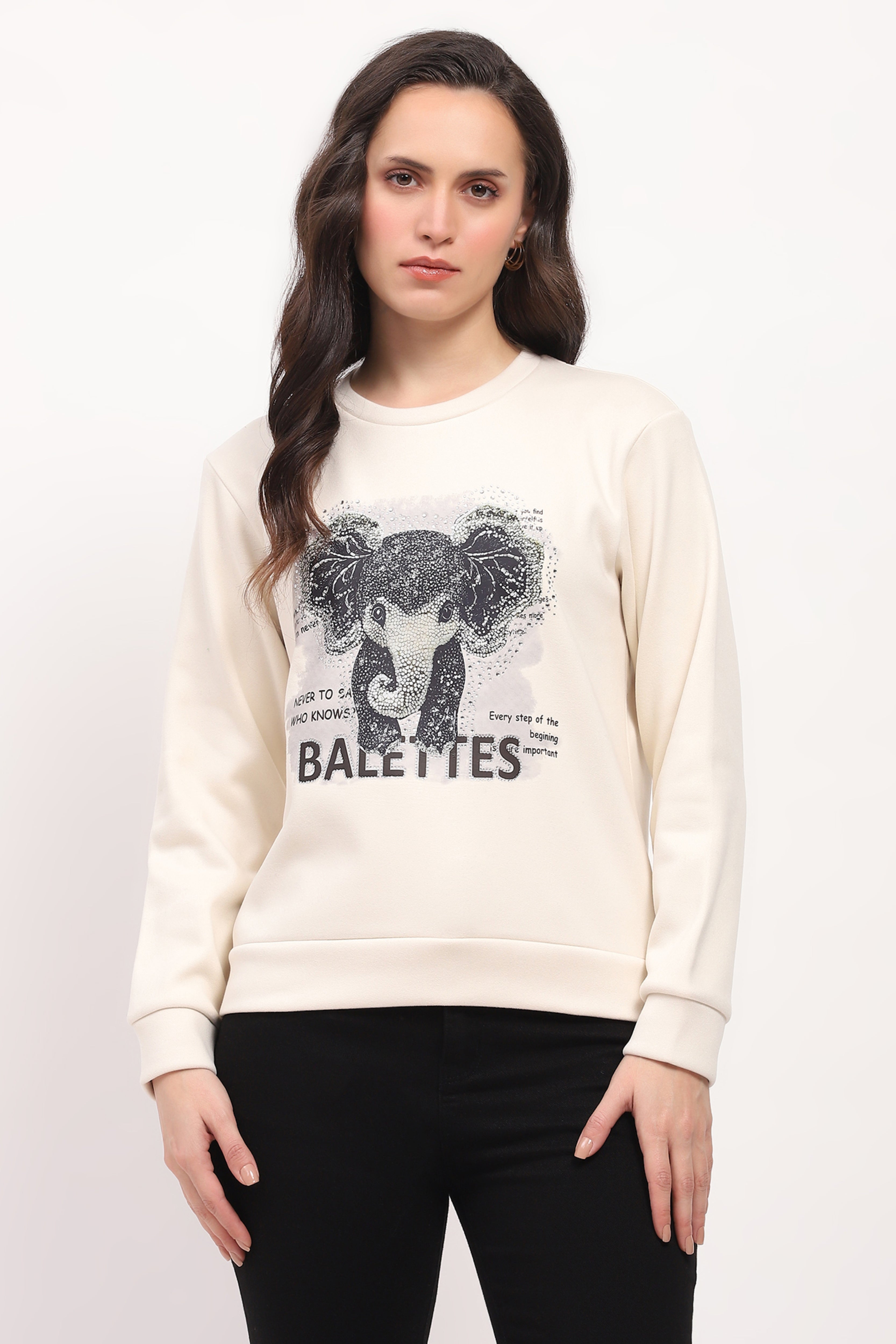 Cream Elephant Print Embellished Sweatshirt