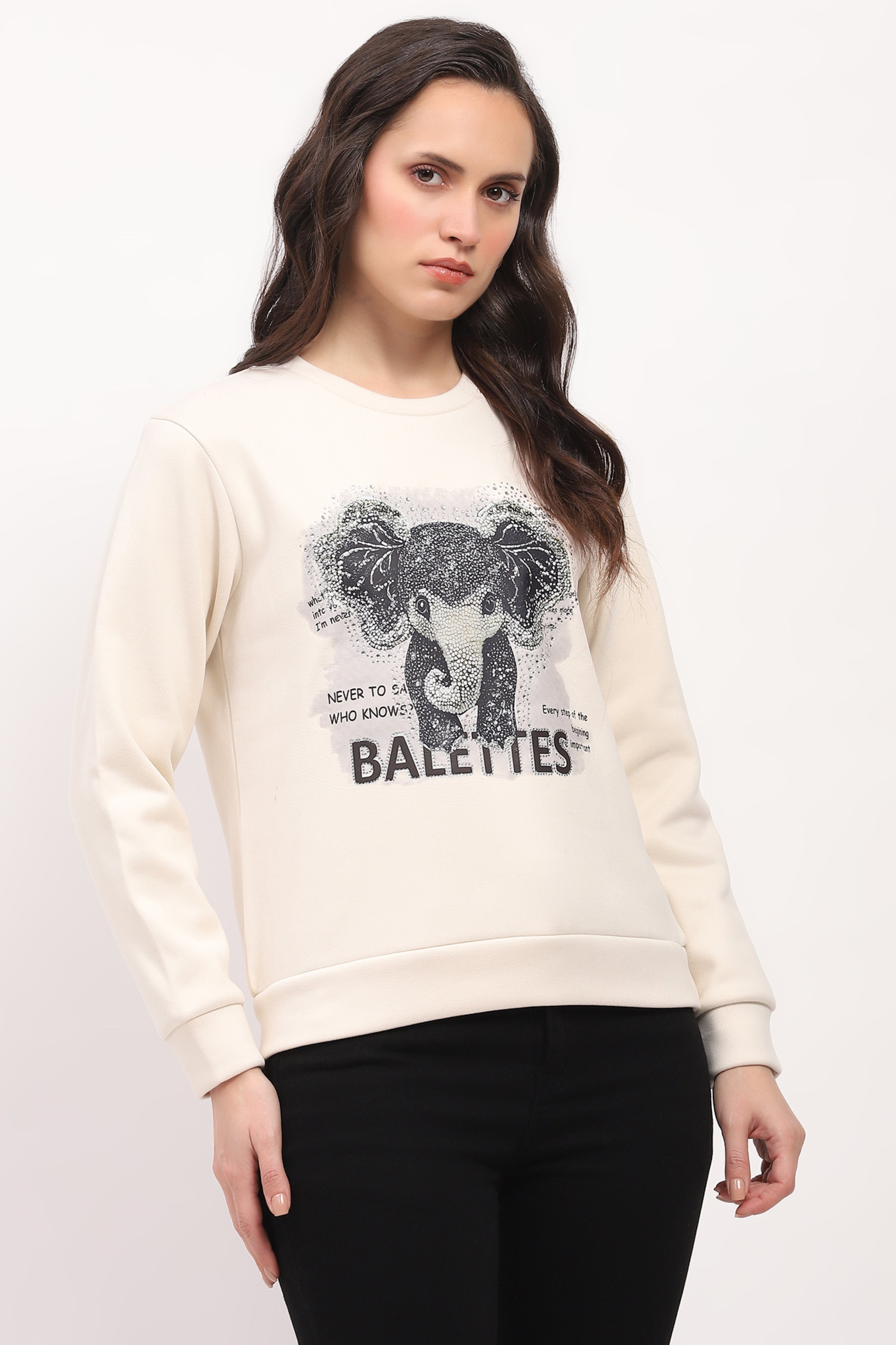 Cream Elephant Print Embellished Sweatshirt