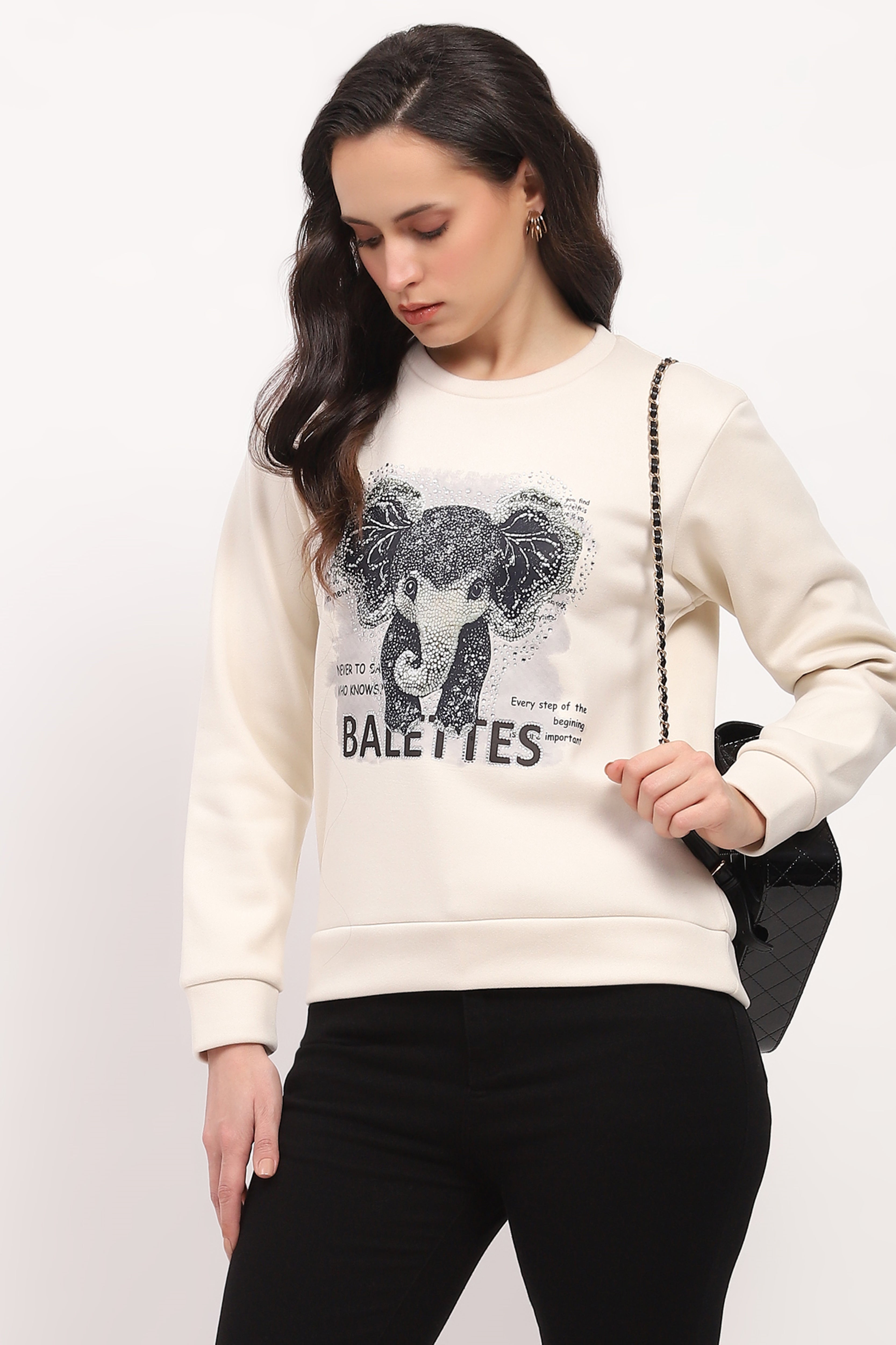 Cream Elephant Print Embellished Sweatshirt