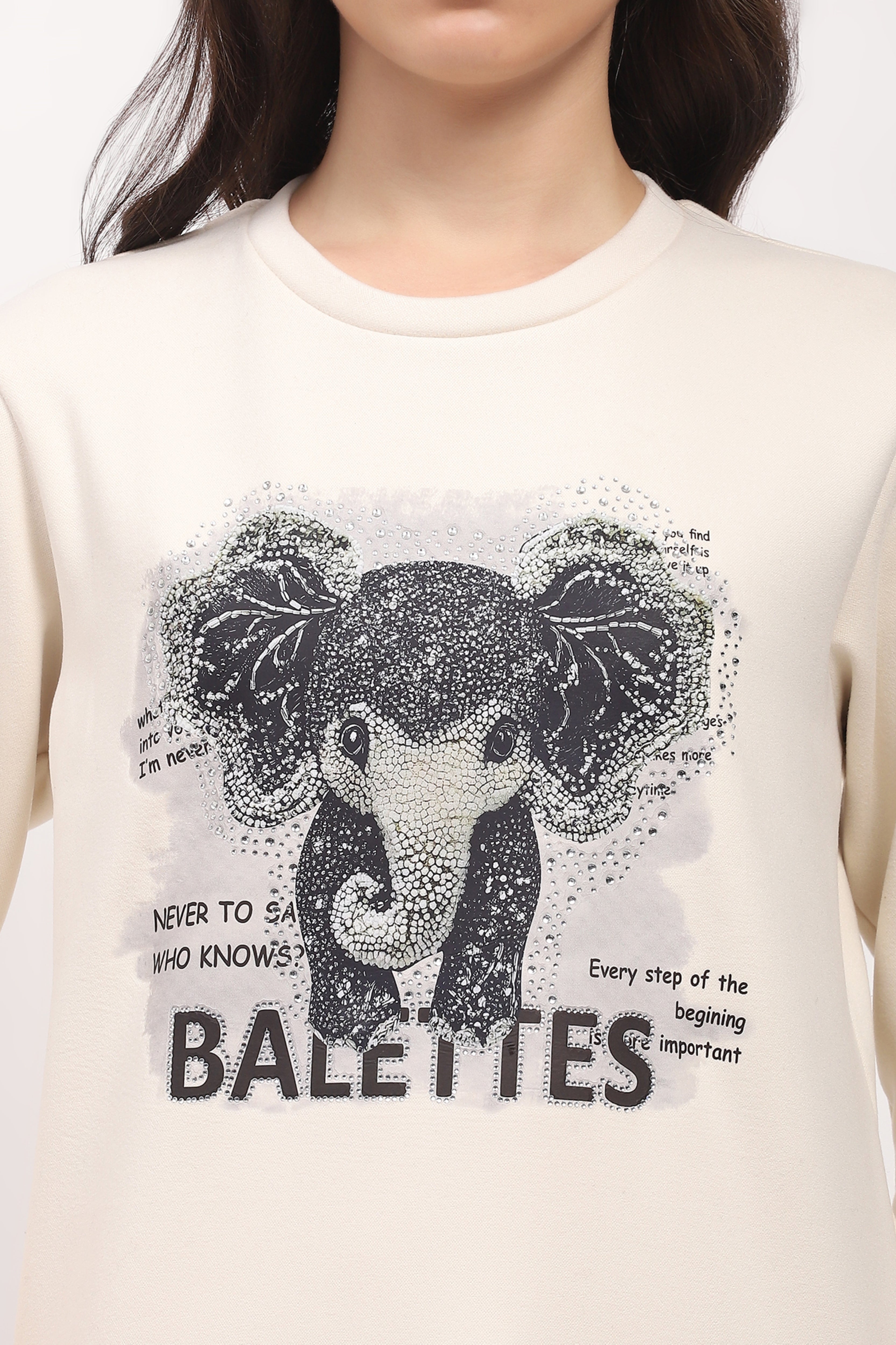 Cream Elephant Print Embellished Sweatshirt