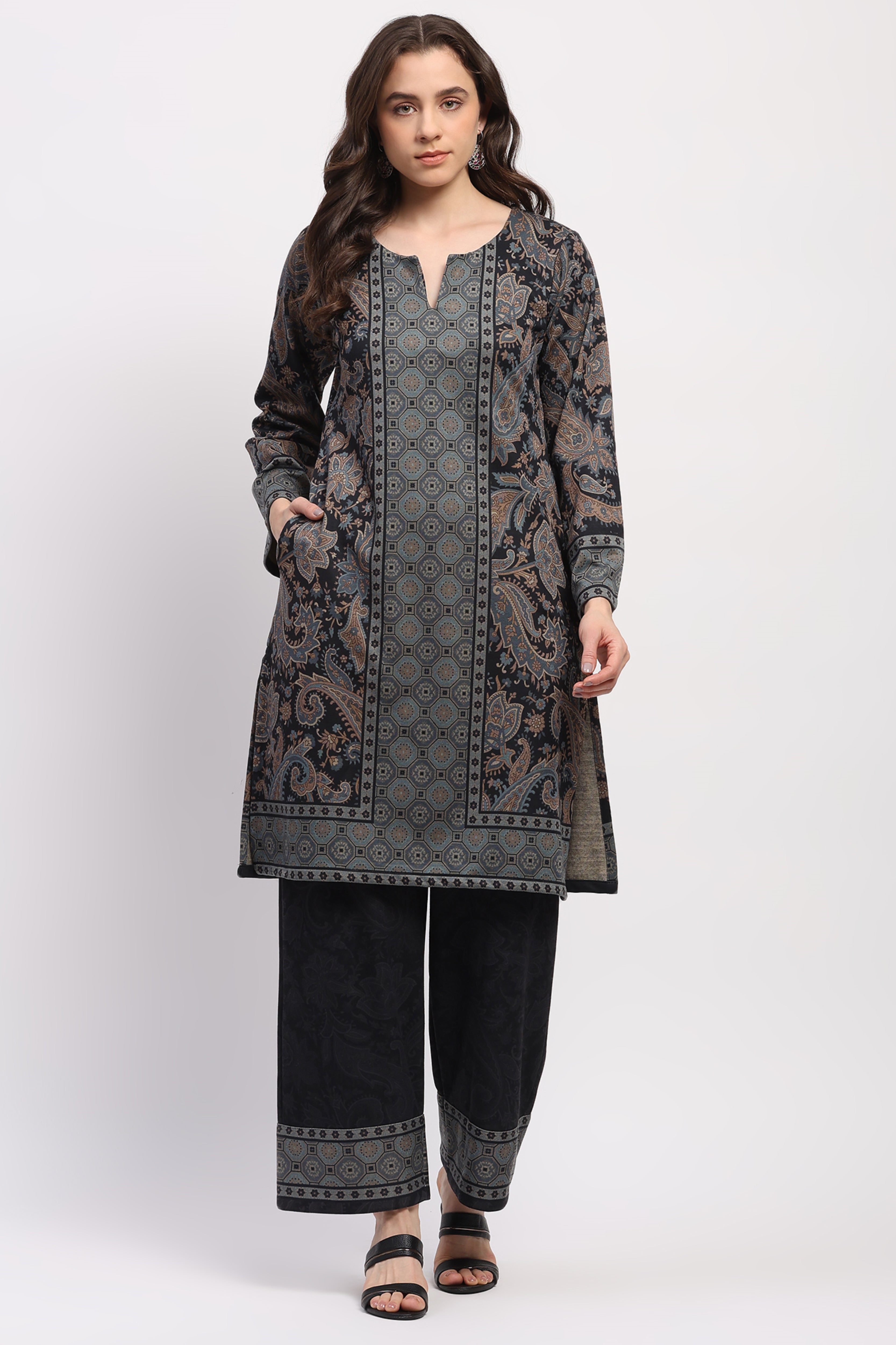 Navy Floral Paisley Winter Kurta Set