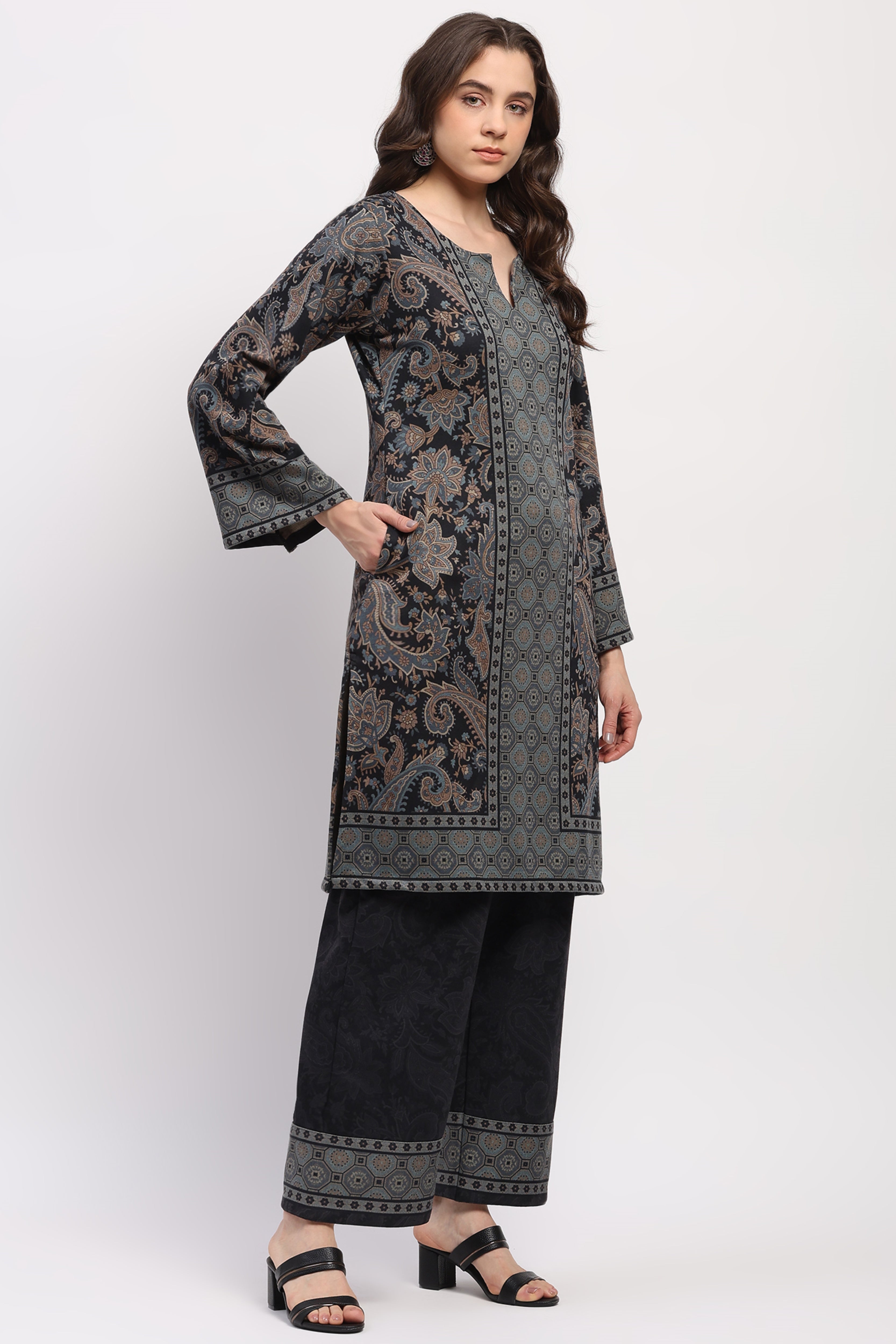 Navy Floral Paisley Winter Kurta Set