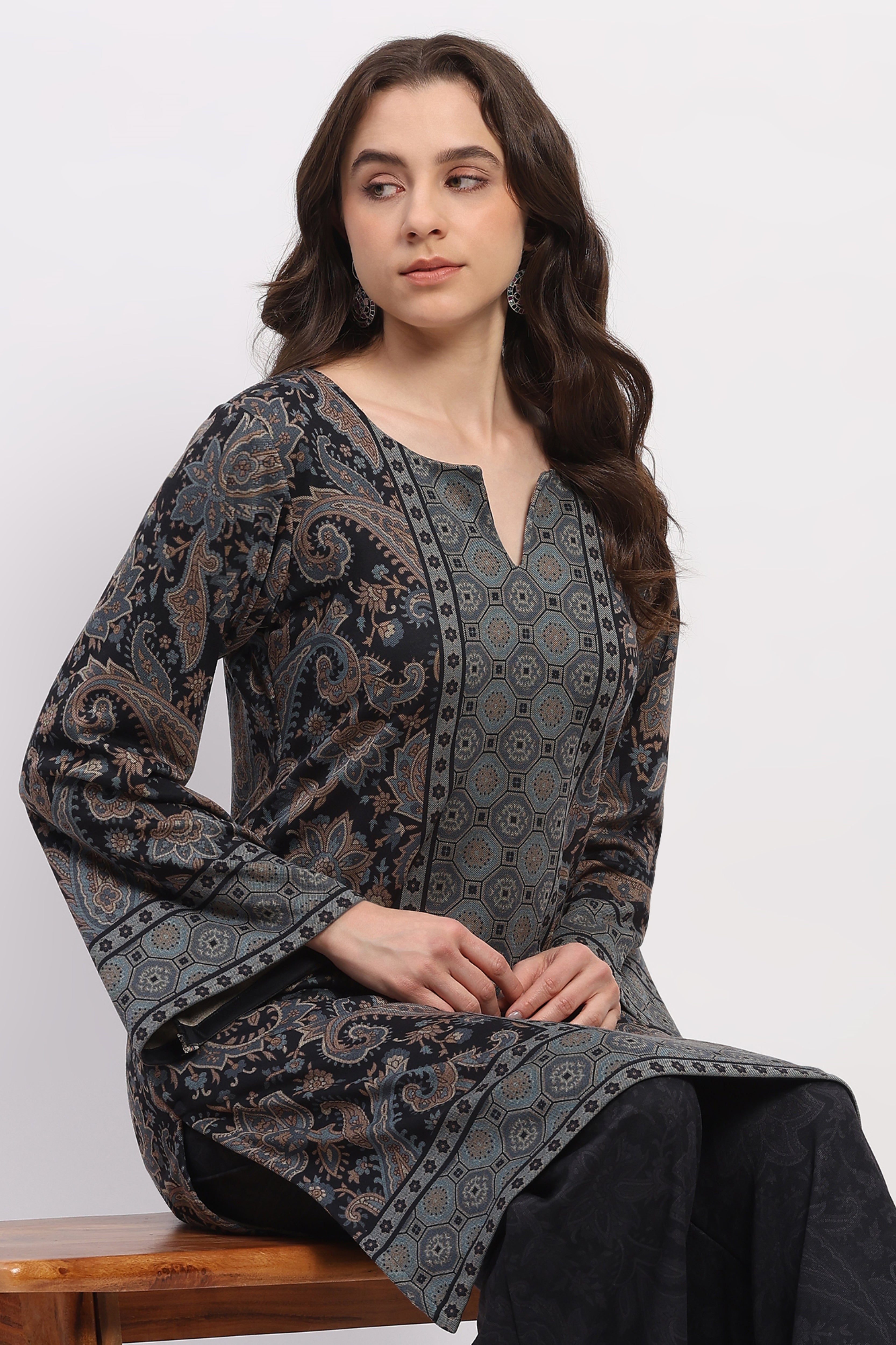 Navy Floral Paisley Winter Kurta Set
