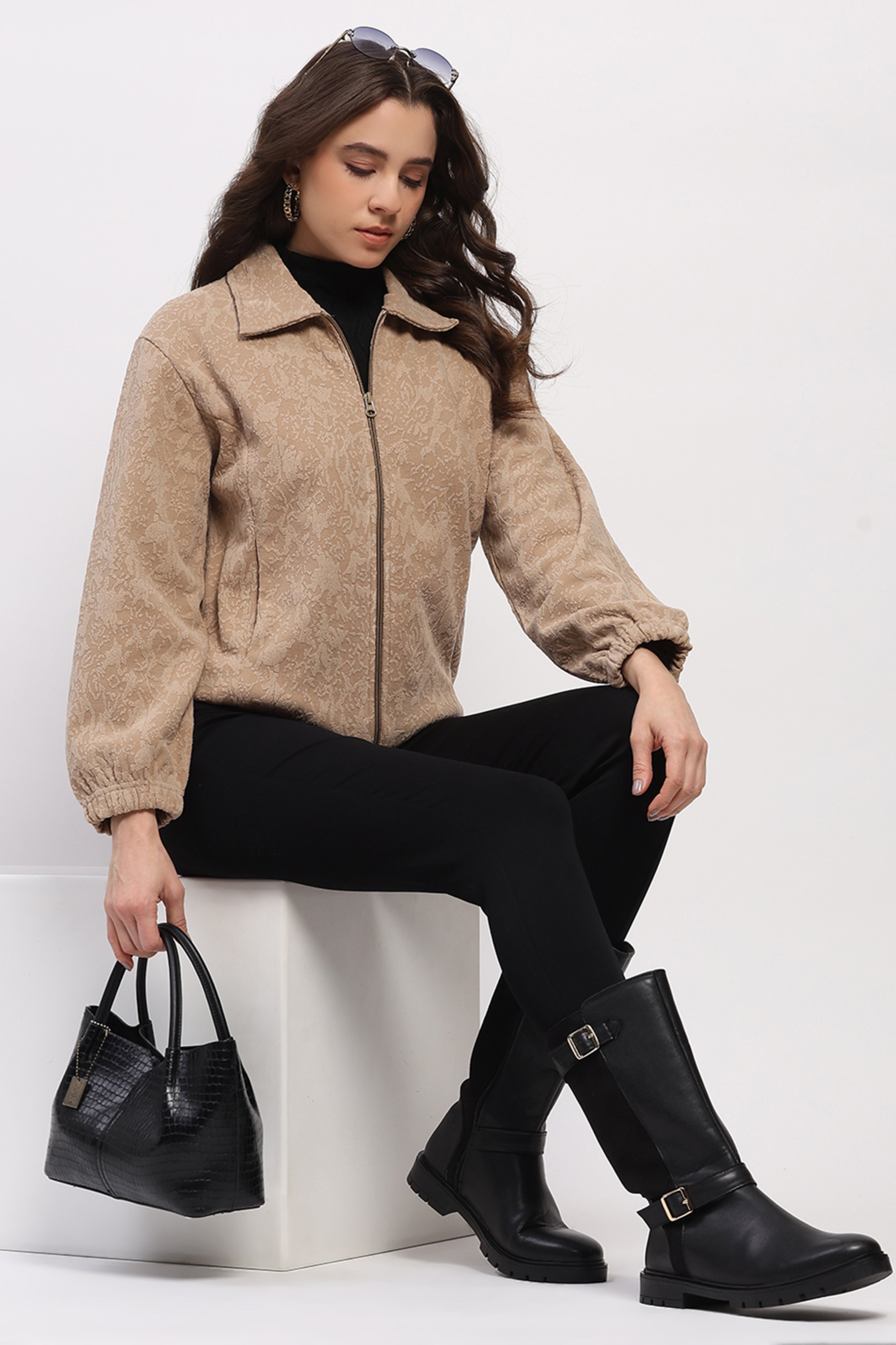 Beige Embossed Winter Sweatshirt