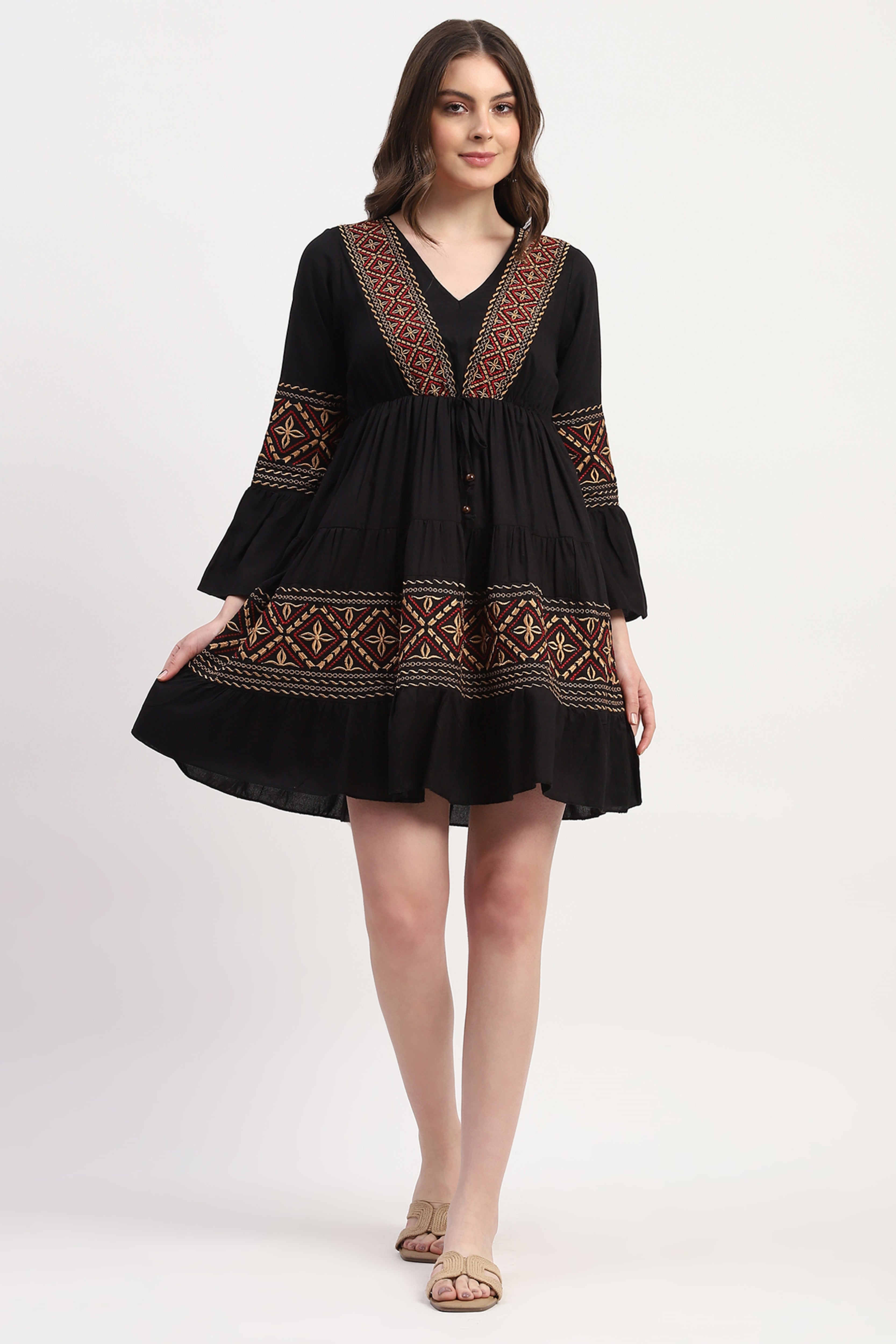 Black Rayon Embroidered Dress