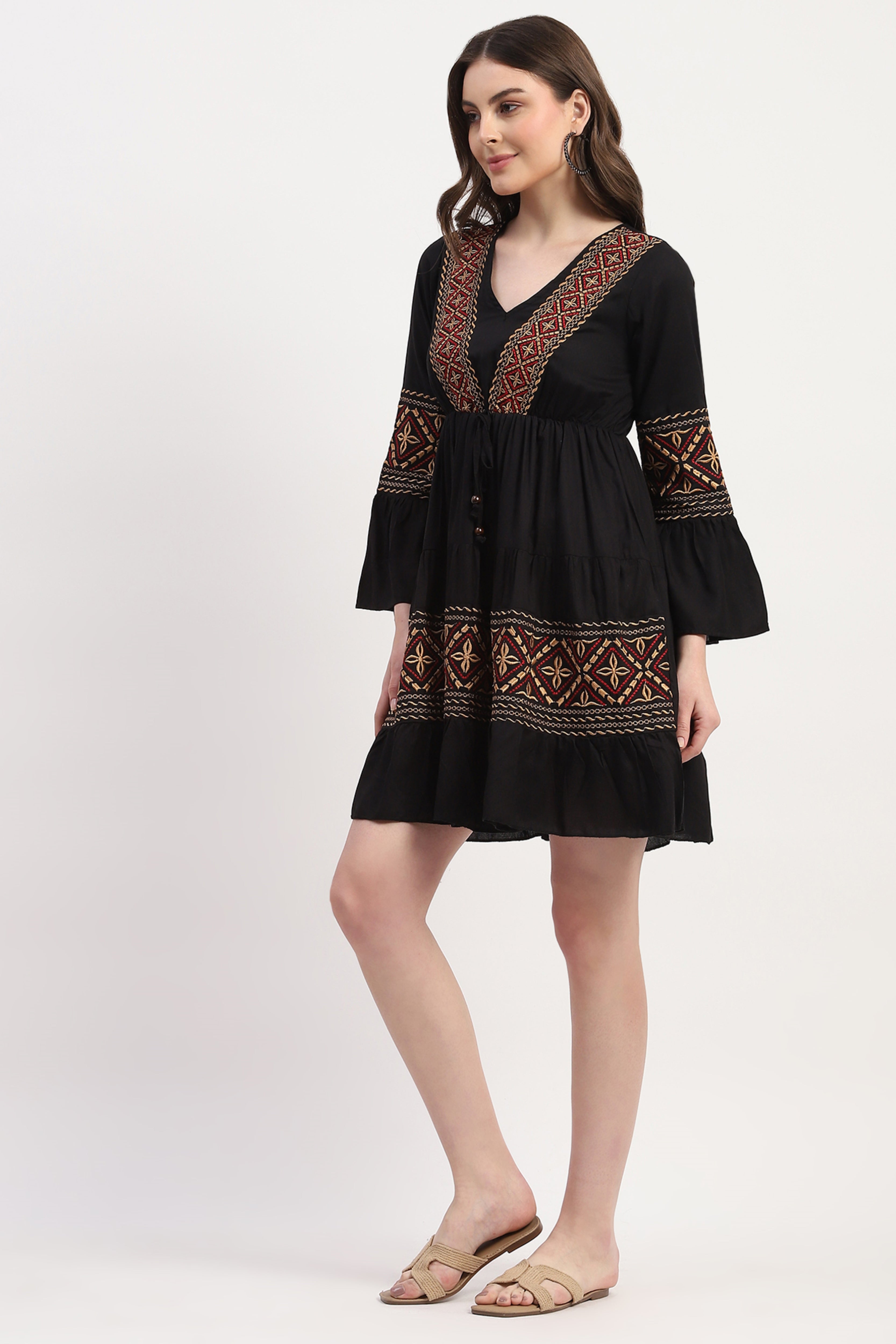 Black Rayon Embroidered Dress