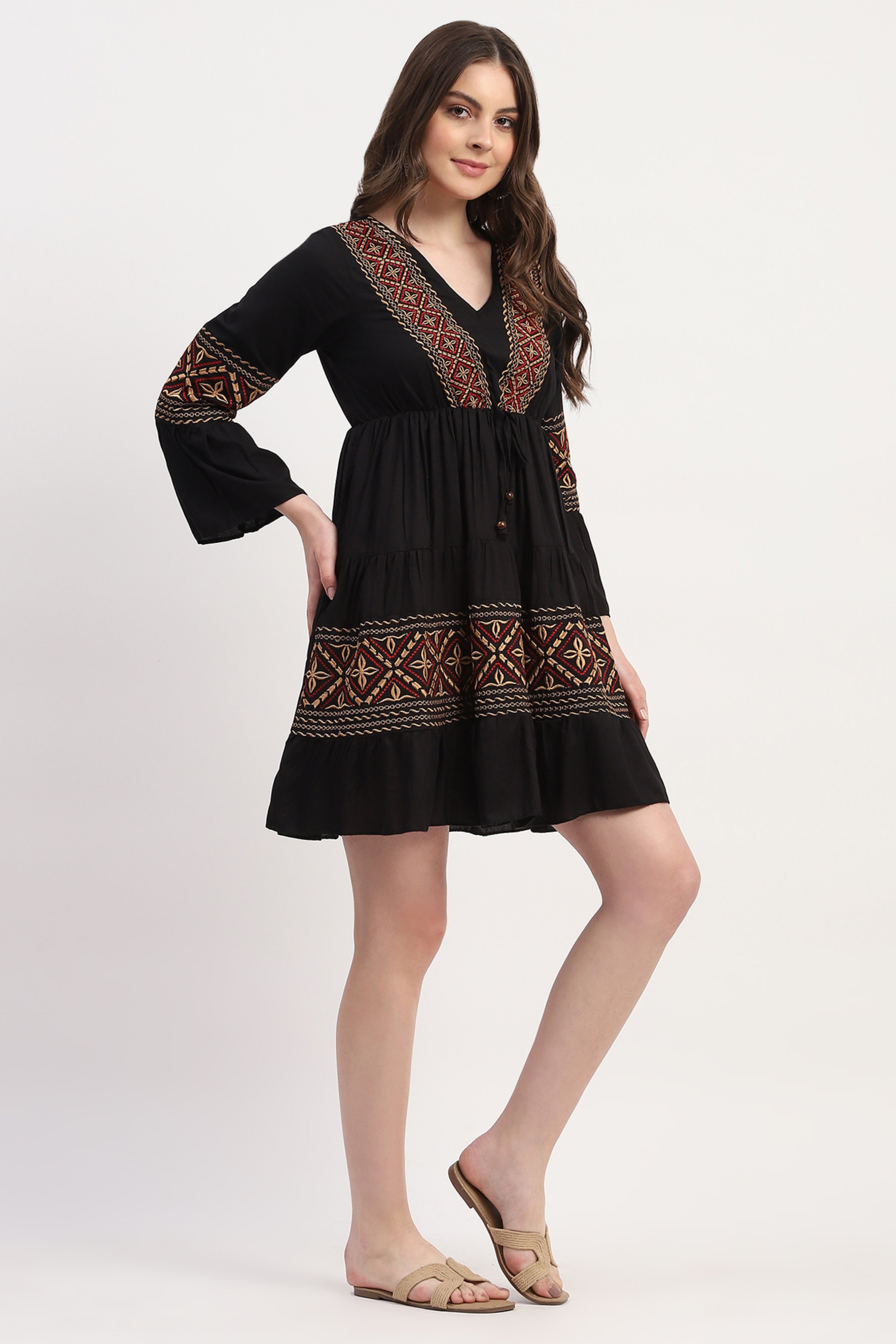 Black Rayon Embroidered Dress