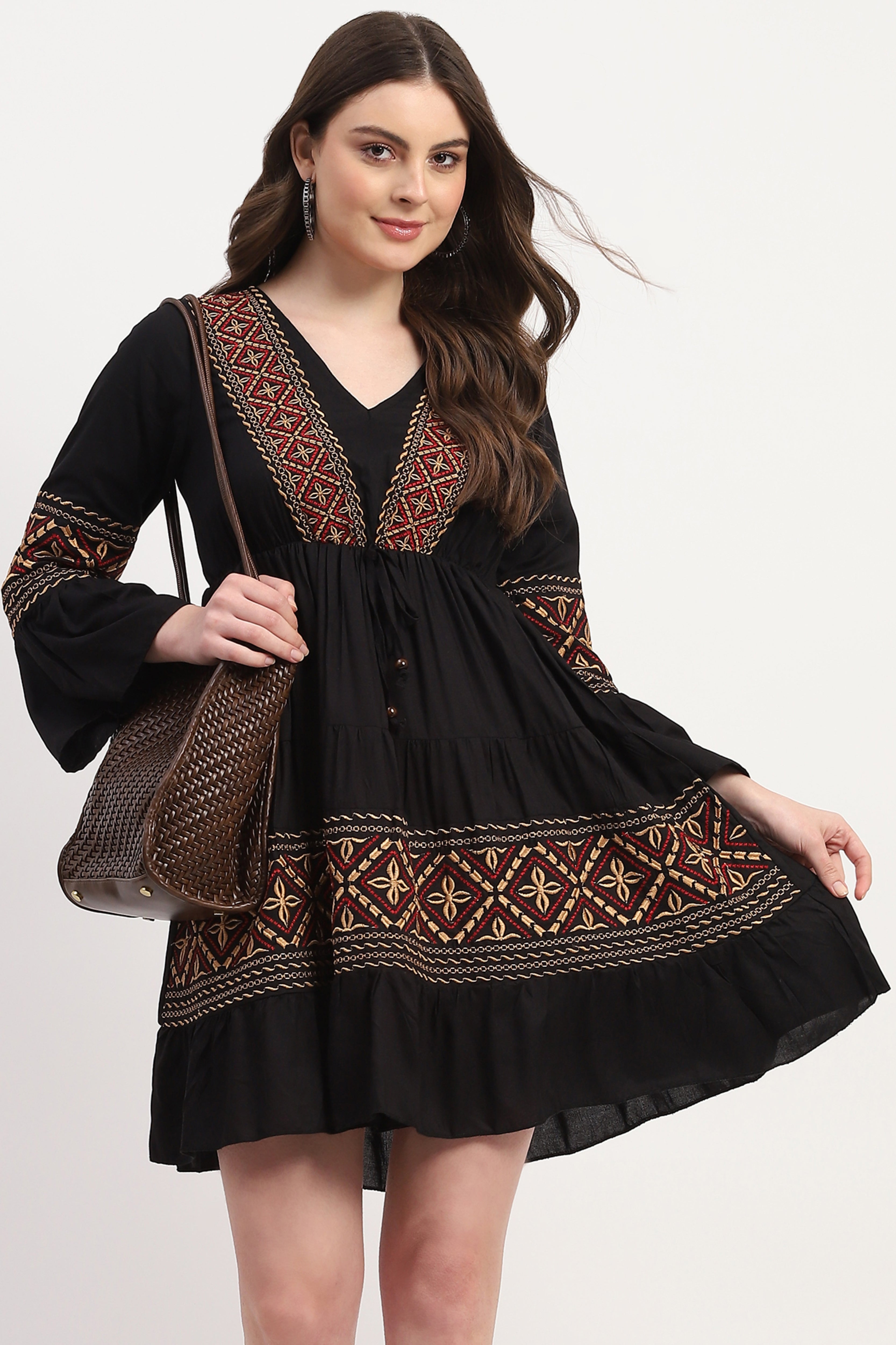Black Rayon Embroidered Dress