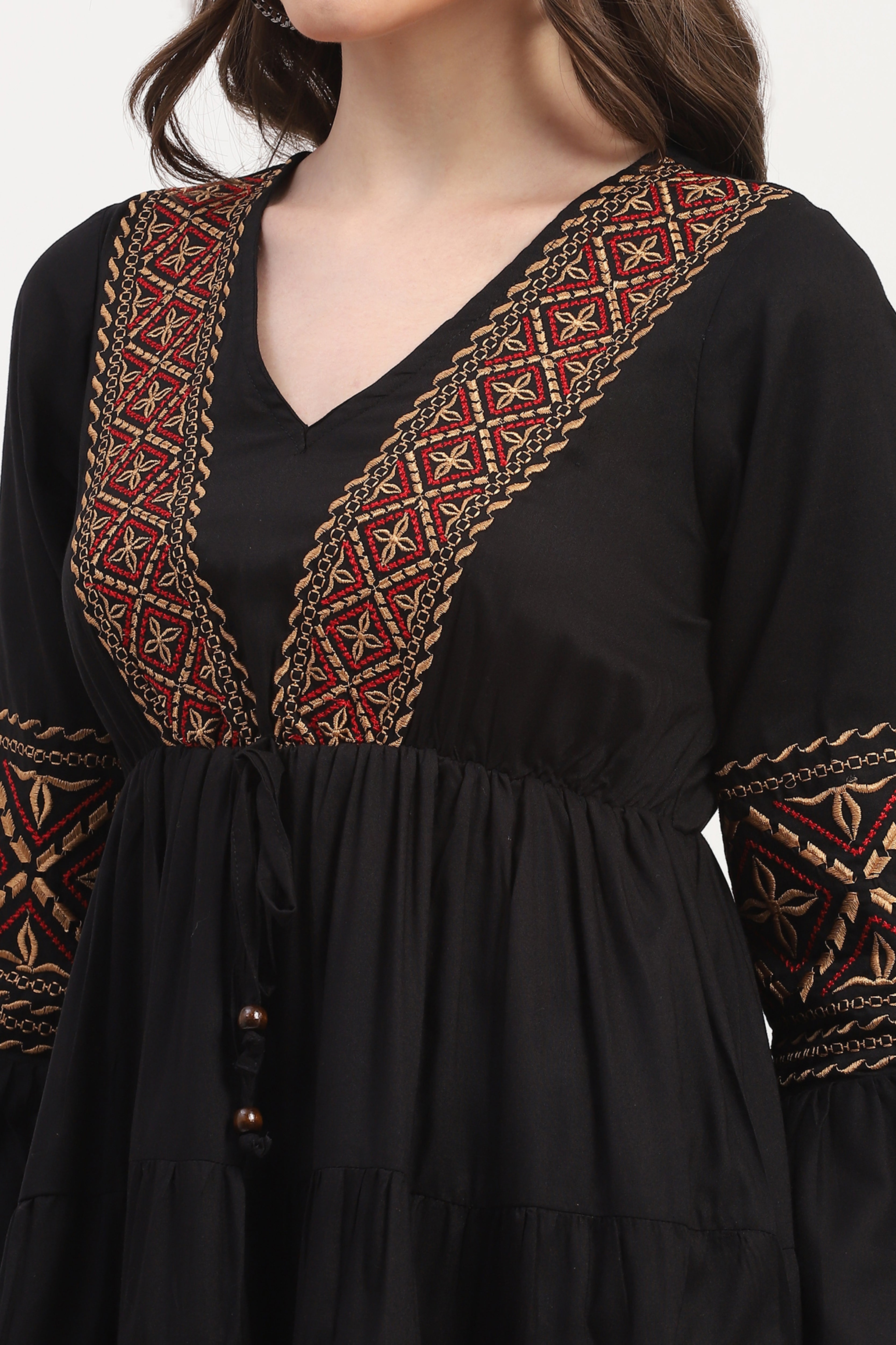 Black Rayon Embroidered Dress