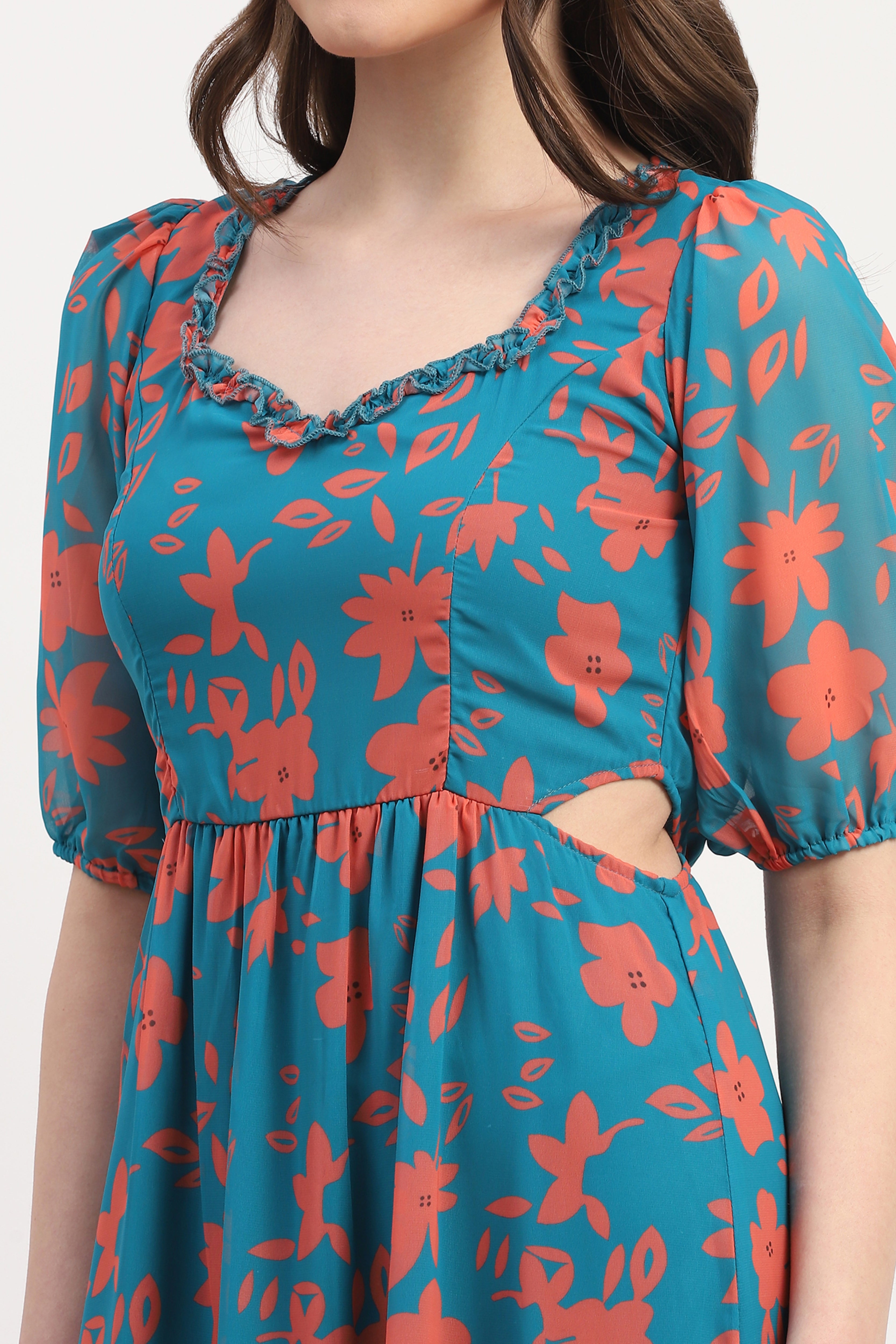 Teal Georgette Floral Print Dress
