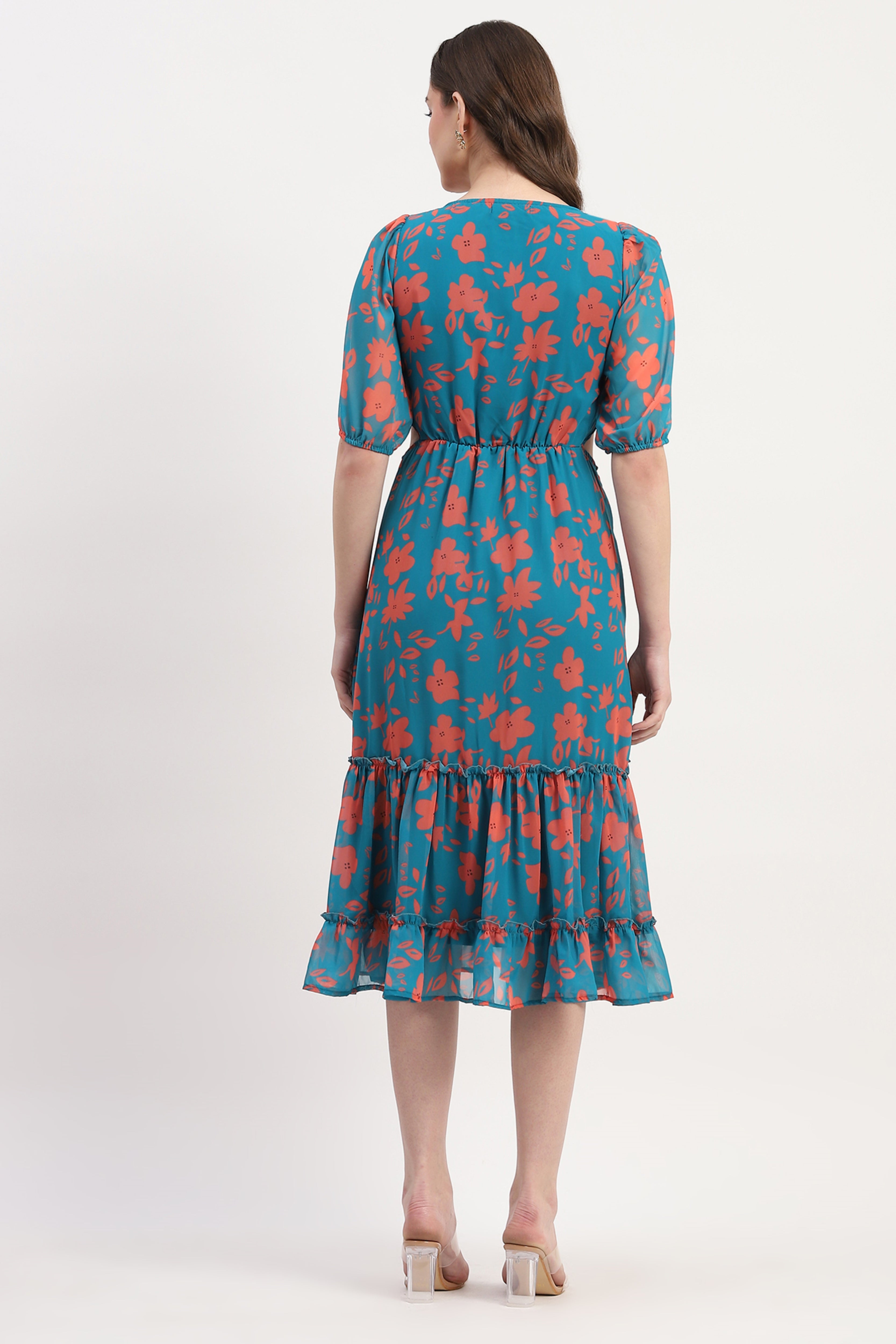 Teal Georgette Floral Print Dress