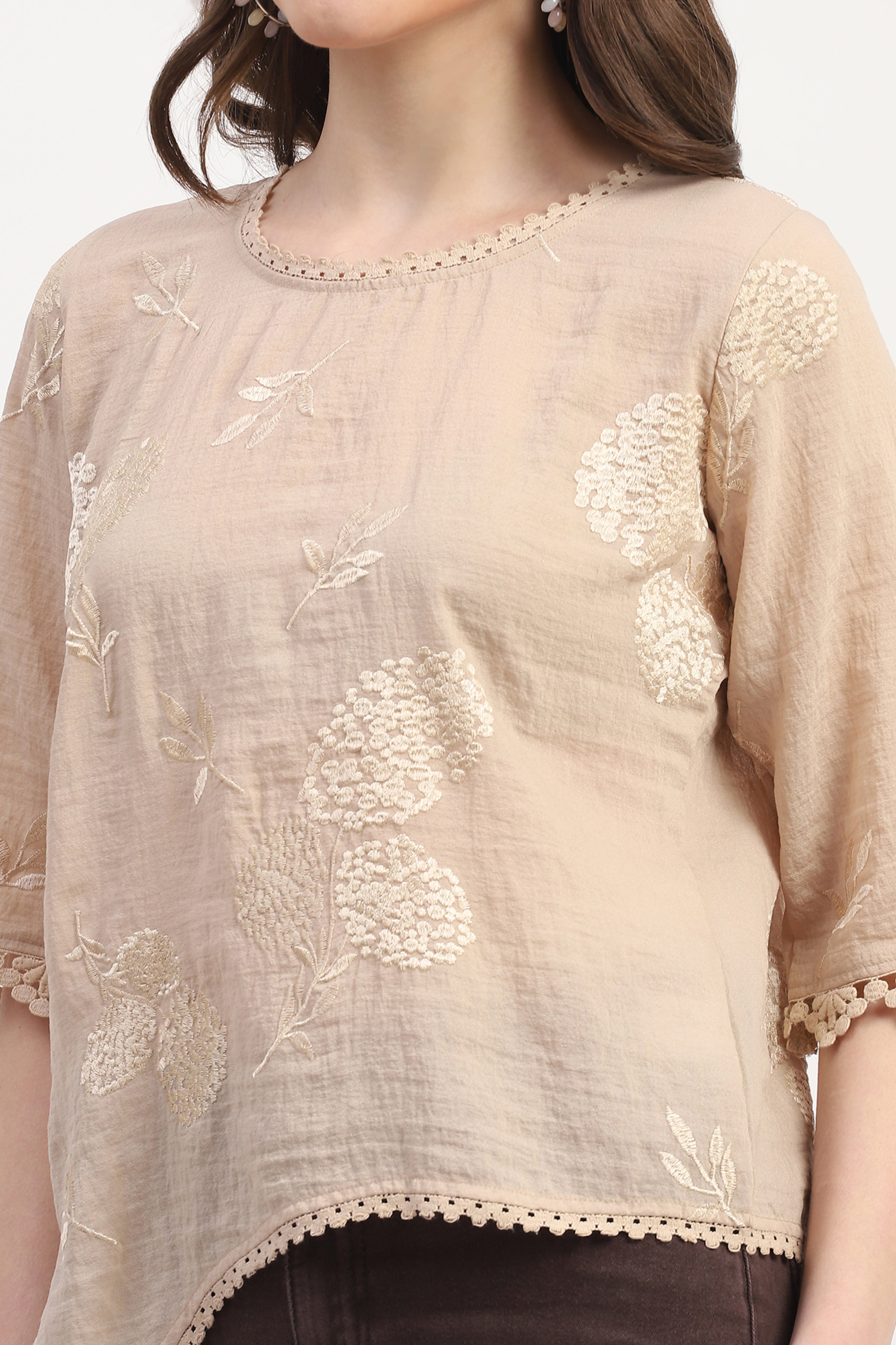 Beige Poly Linen Embroidered Top