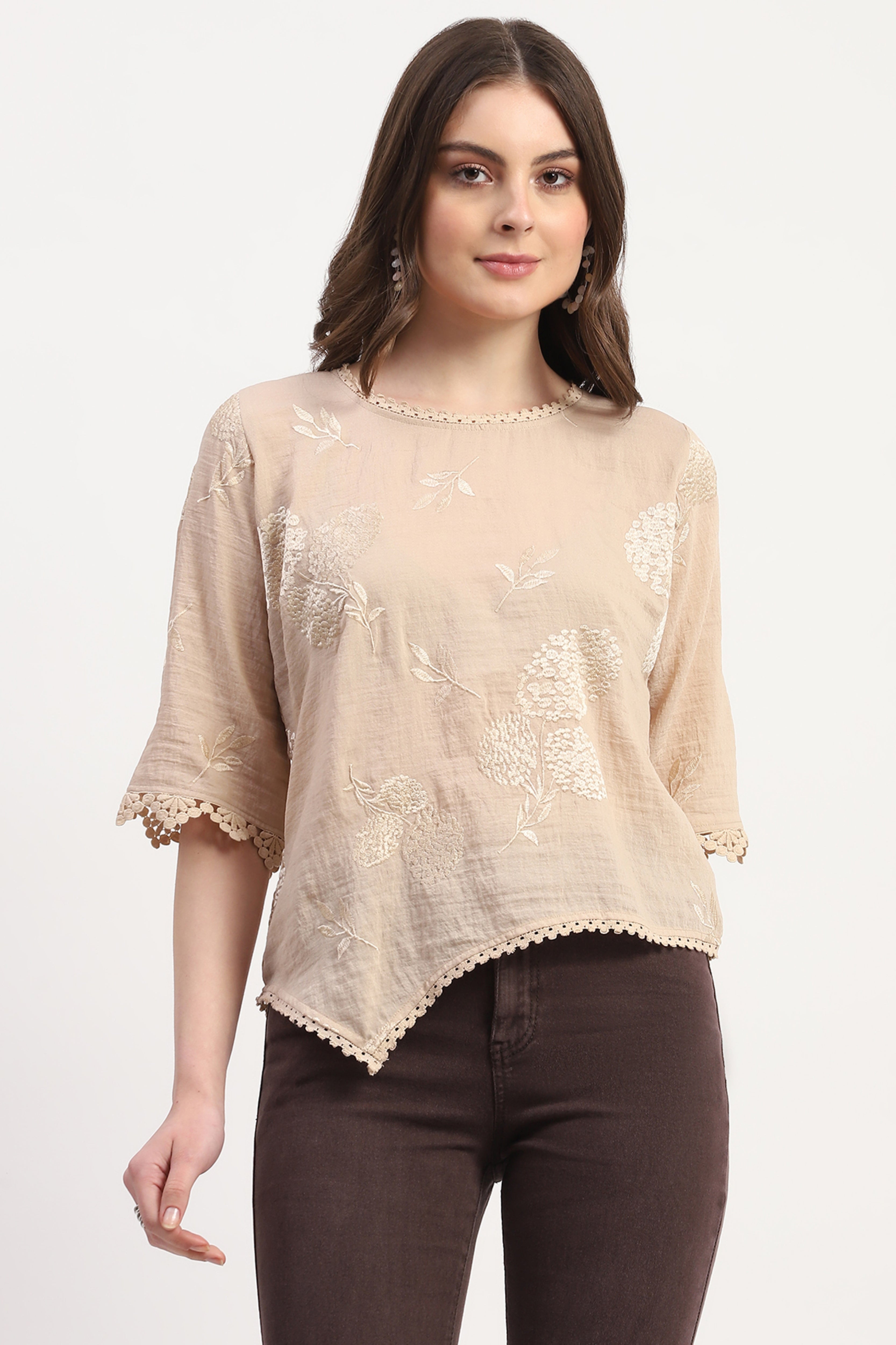 Beige Poly Linen Embroidered Top