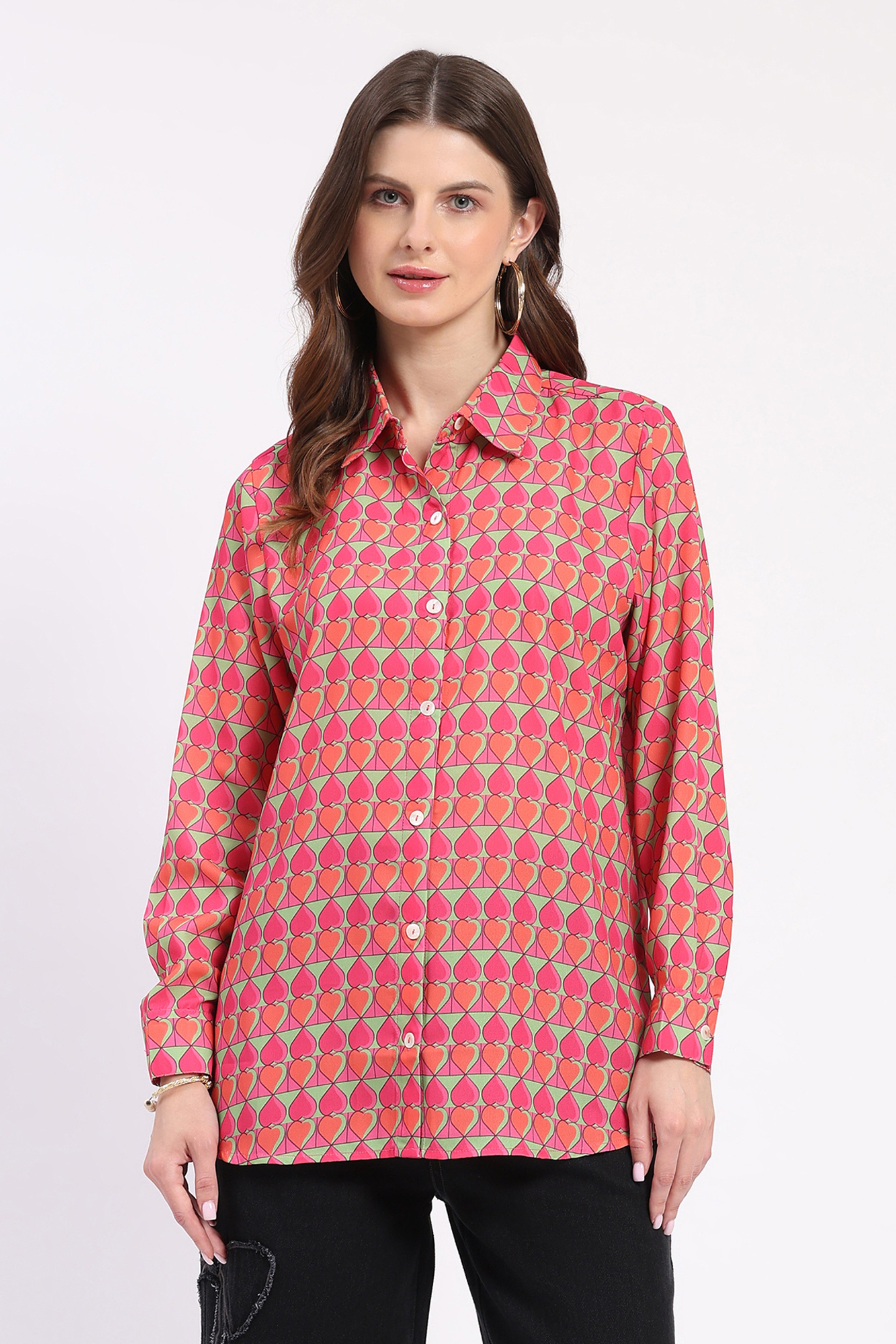 Pink Heart Print Pop Color Shirt