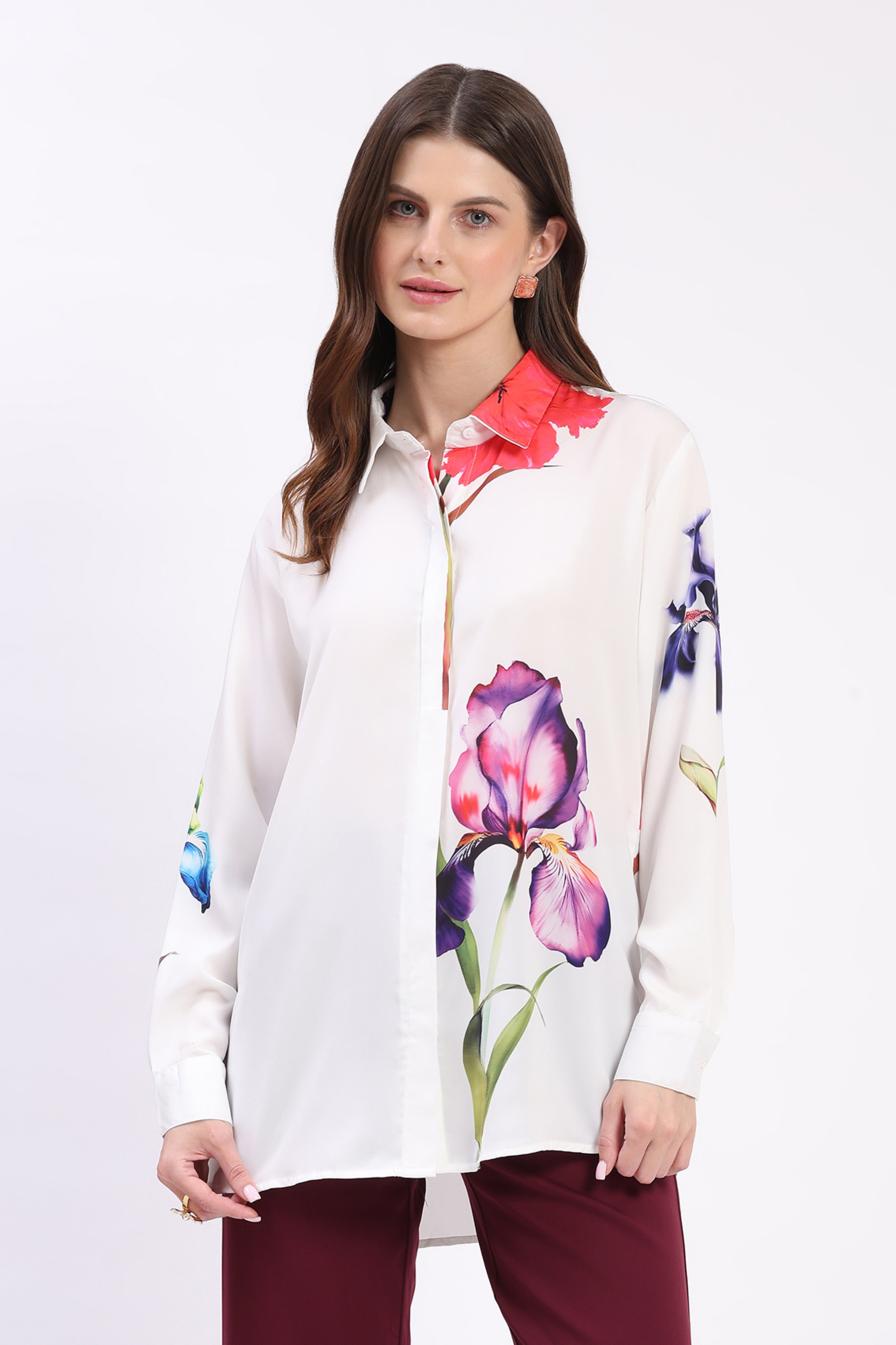 White Neon Floral Print Crepe Shirt