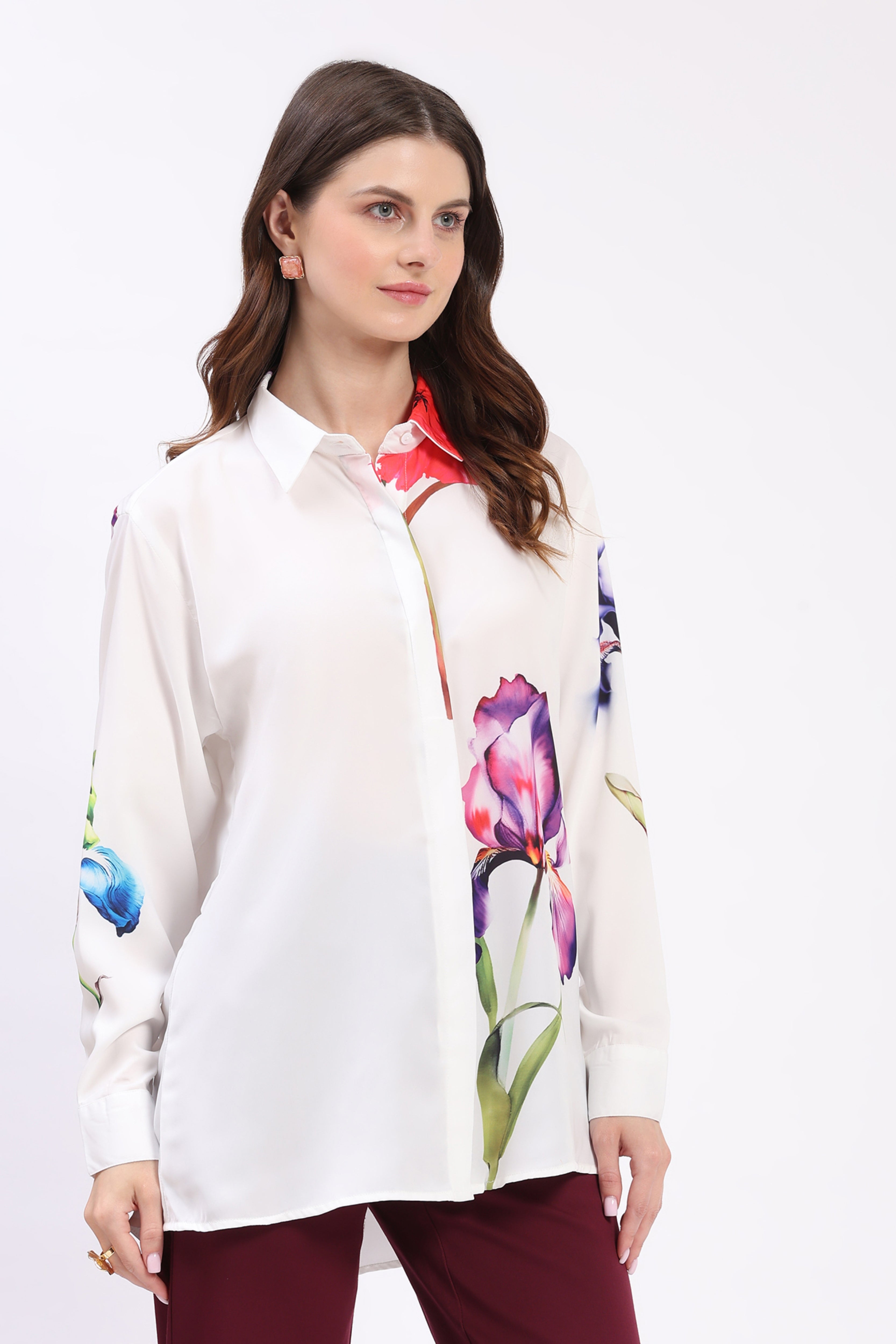 White Neon Floral Print Crepe Shirt