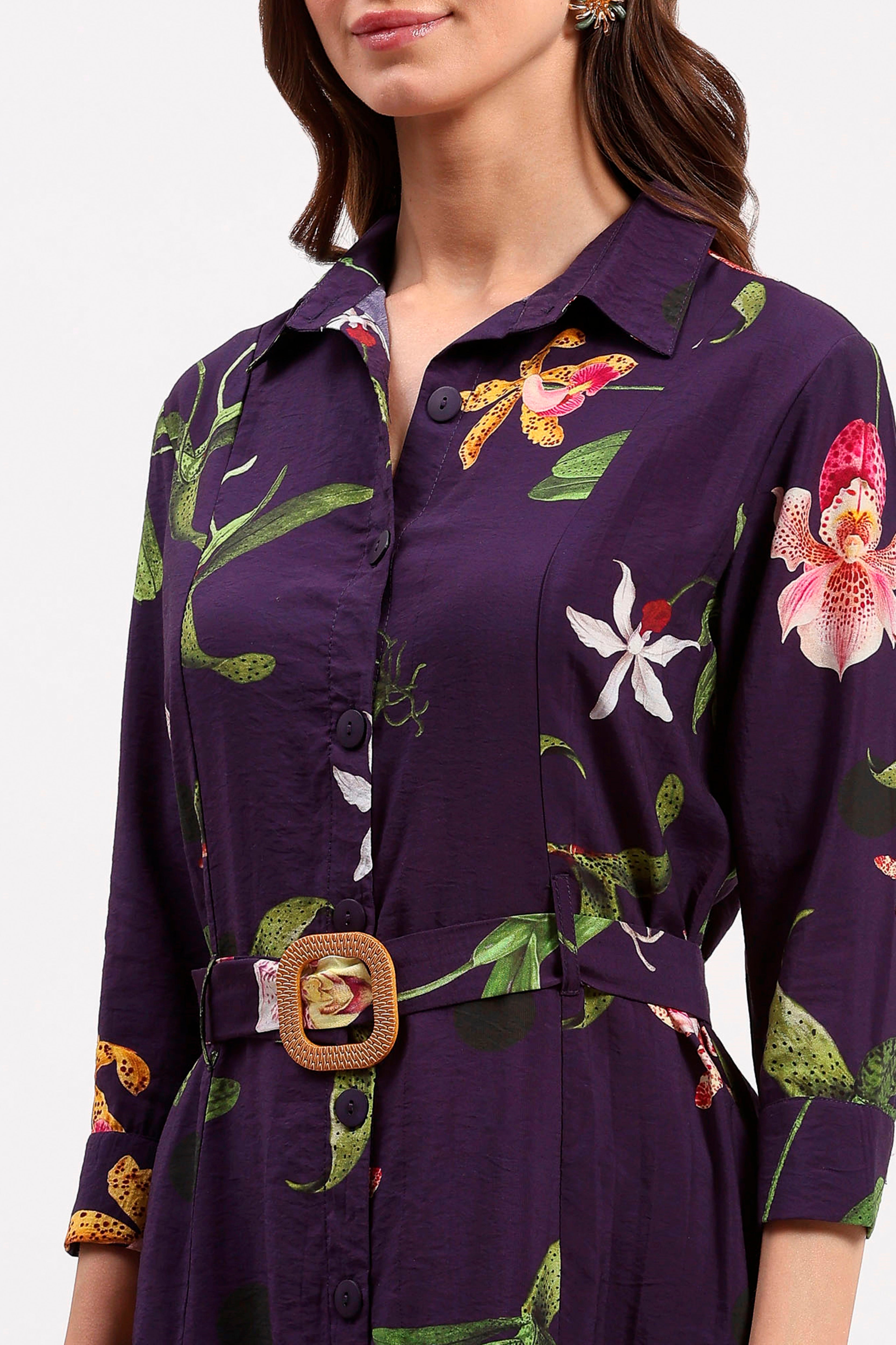Purple Floral Print A-Line Dress