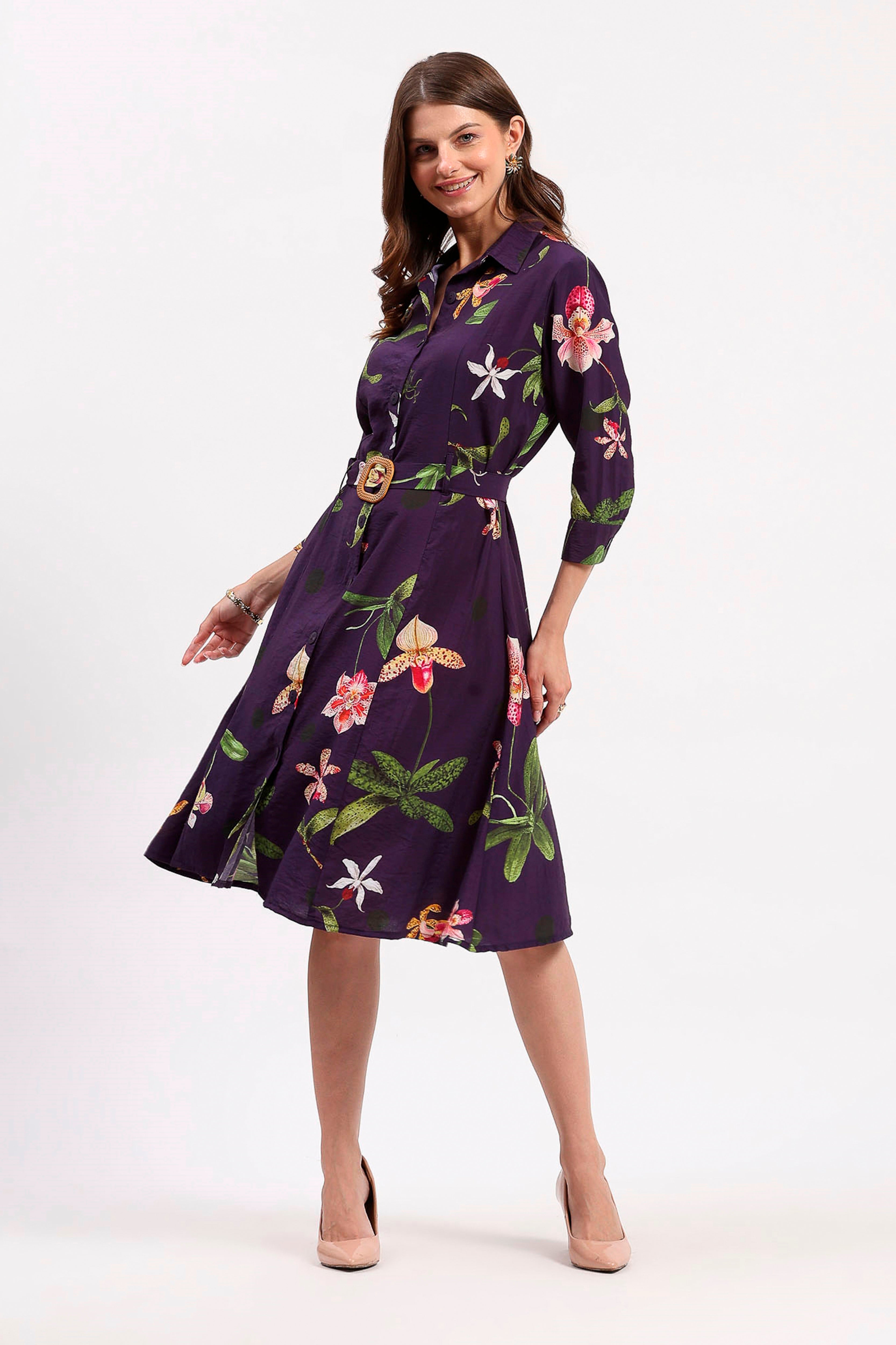 Purple Floral Print A-Line Dress